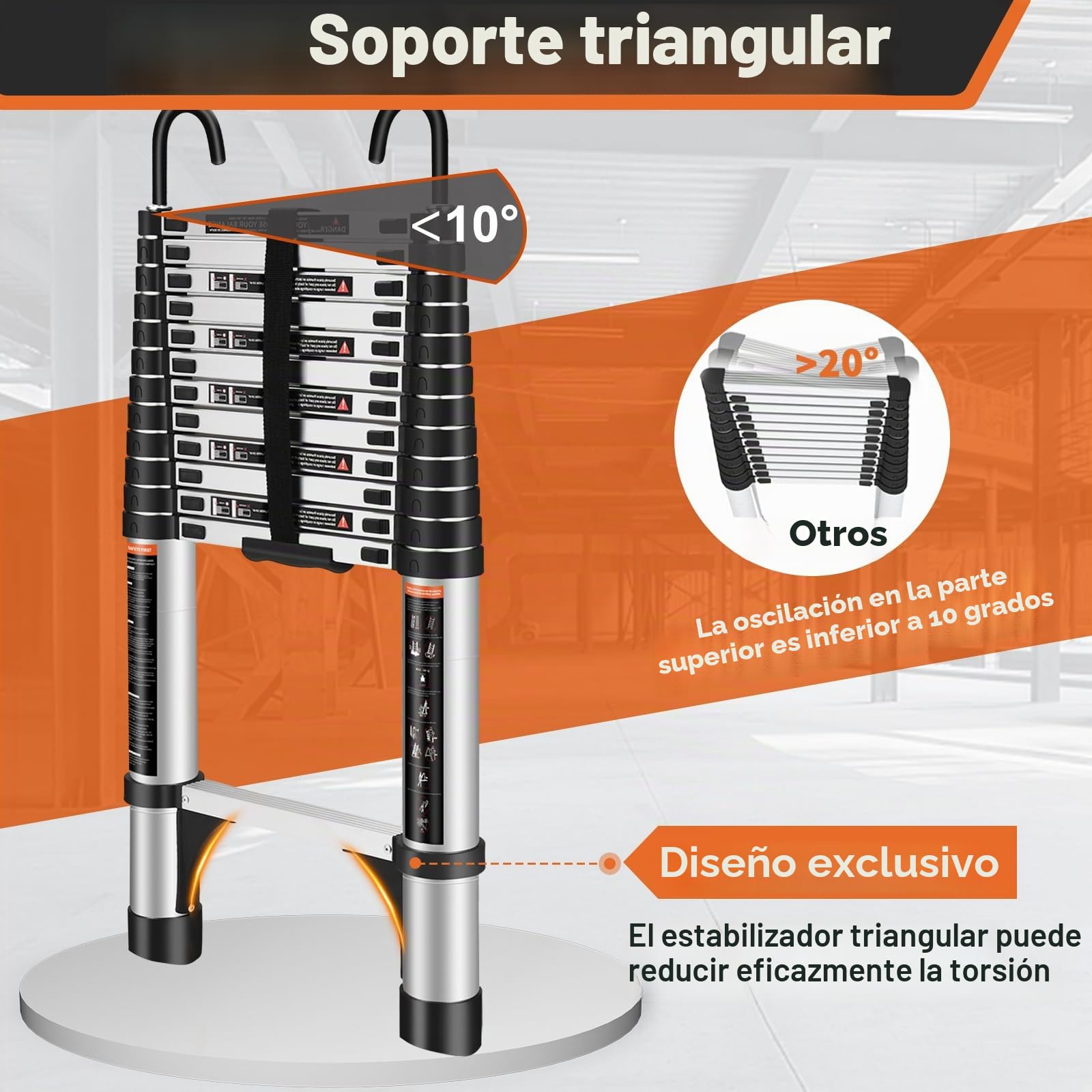 Escalera telescópica de 3.8 m con Ganchos y pies Antideslizantes, Escalera Plegable de Aluminio Ligero para altillos, Casas rodantes, Exteriores e Interiores, Capacidad de Carga de 150kg.Argentato