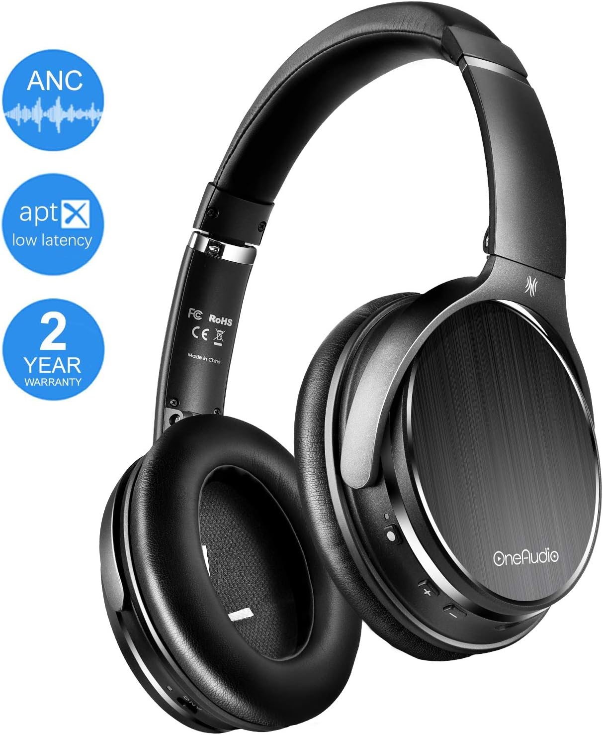 OneAudio Active Noise Cancelling Bluetooth Headphones-Apt-X Low Latency Wireless Over Ear Headphones with Mic, Soft Protein EarPads for Travel Airplane Work TV CellPhone/PC