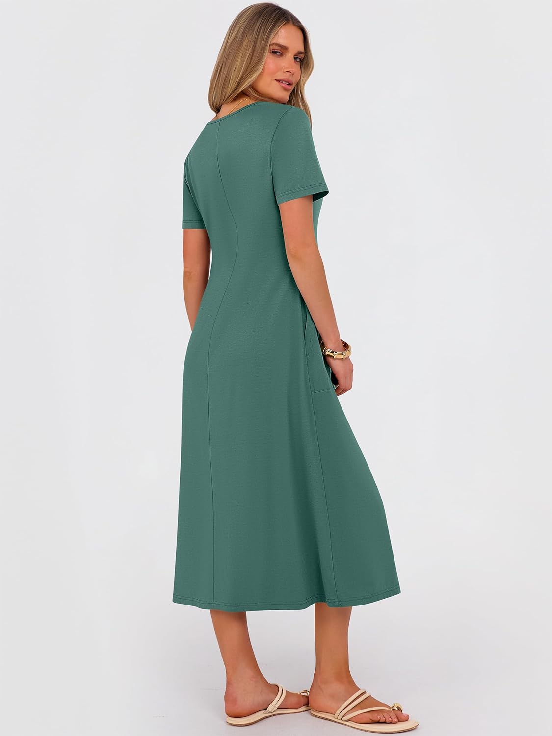 ANRABESS Women's Summer Midi Dress Short Sleeve Button Up Crewneck Casual 2026 Beach Vacation Loose Dresses with Pockets - Image 5