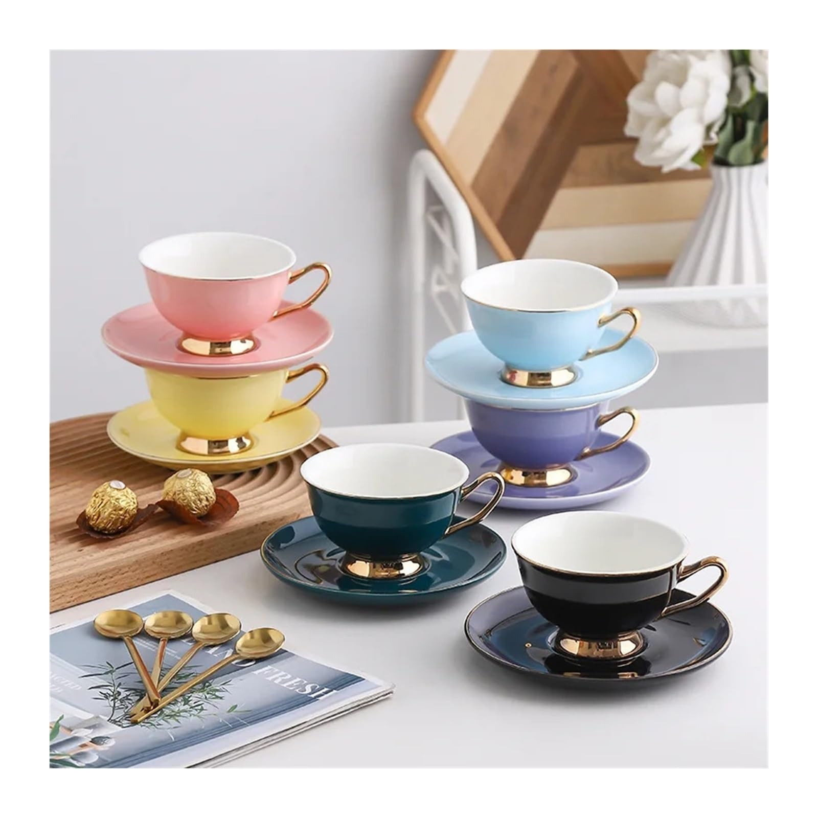 Duże ceramiczne kubki do kawy, Zestaw porcelanowego kubka do kawy i spodka ze złotą linią, wielokolorowy(5)
