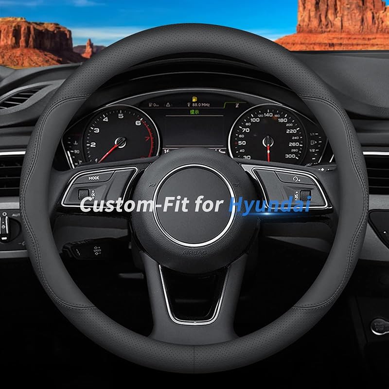 Deer Route Custom-Fit Hyundai Steering Wheel Cover, Premium Leather, Non-Slip, Breathable, B-Style, For Hyundai Accessories