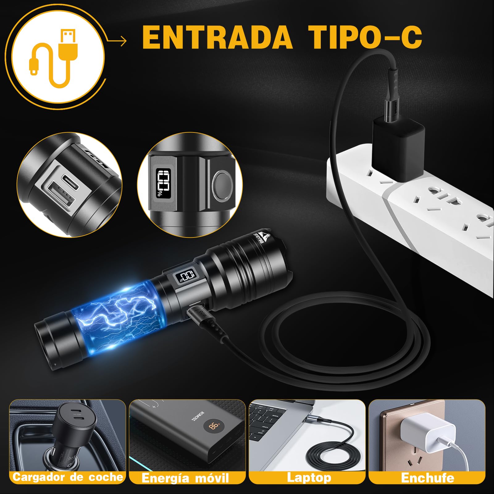 Linternas LED Alta Potencia, 1,000,000 Lúmenes Linterna LED Recargable, Linterna Alta Potencia Potente Largo Alcance, Impermeable Flashlight para Emergencias Camping Regalo