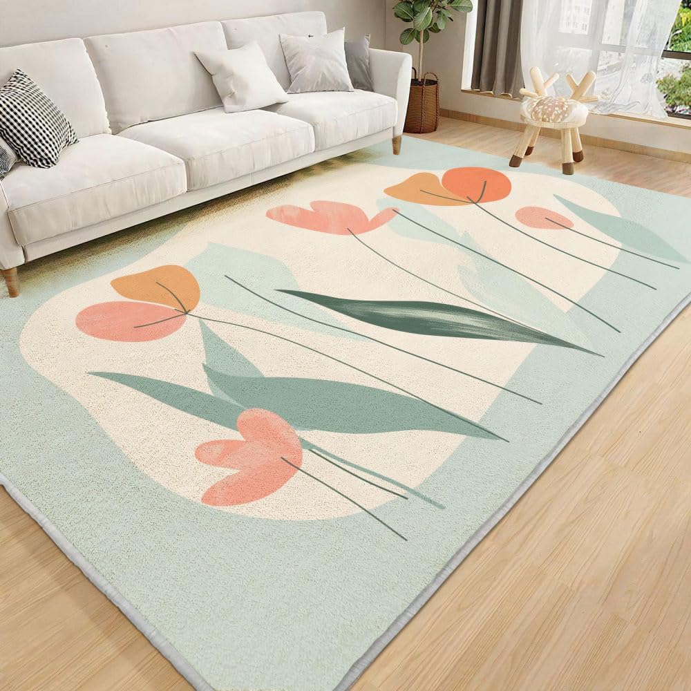 CECE&COLE Non Slip Area Rugs, Low Pile Large Rugs for Living Room, 5x7 Ft Foldable Lightweight Non Slip Machine Washable Rug, Sound Absorbing Durable Abstract Line Flowers Leaves Rug