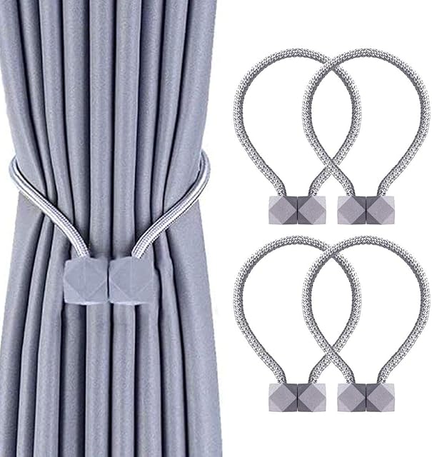 Curtain Tiebacks, 4 Pieces Magnetic Curtain Tie Backs, Convenient magnetic tie backs for curtains, Decorative magnetic tiebacks for Home, Office, Hotel Window curtains (Grey)