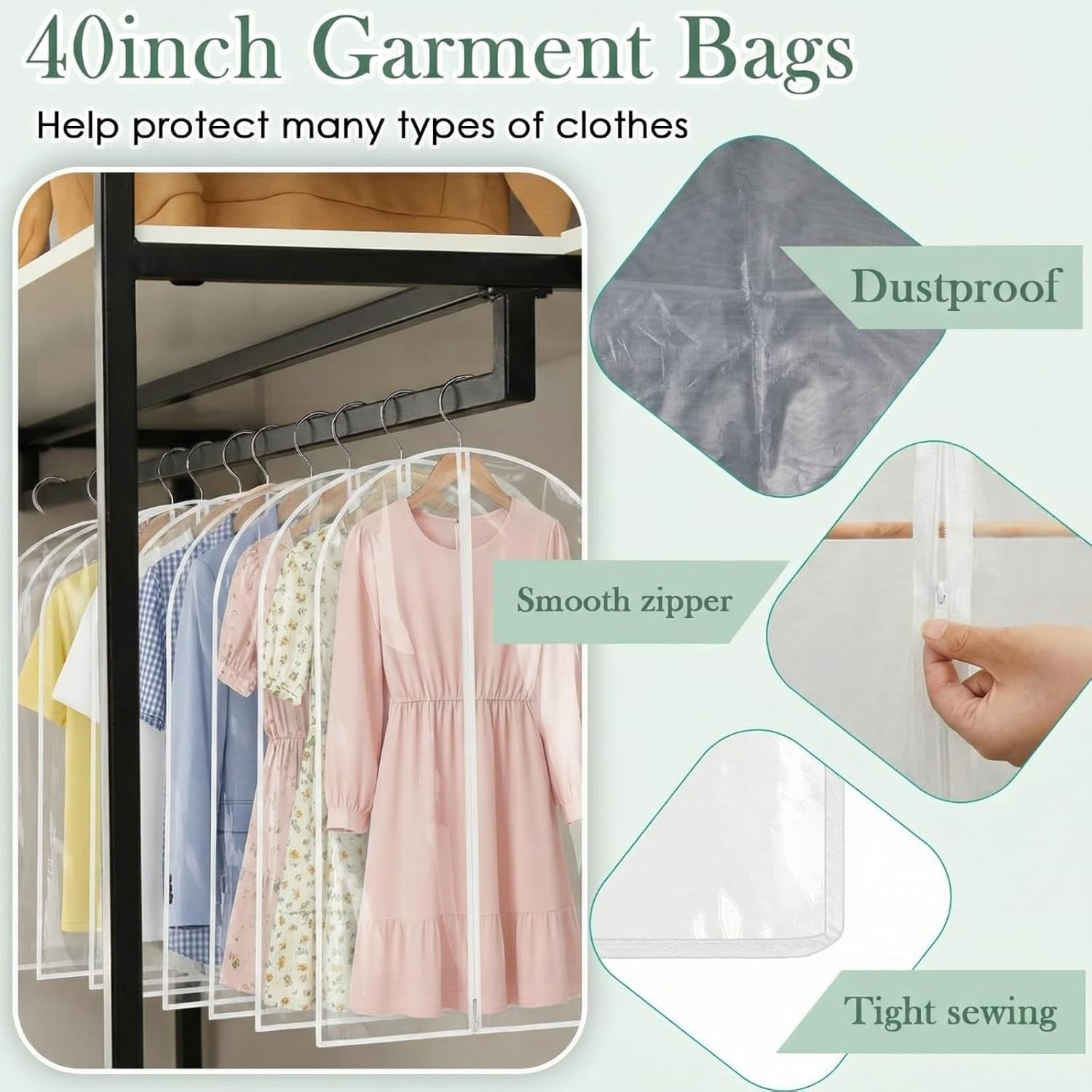 Amylove 10 Pcs 40" Clear Vinyl garment Bags for Hanging Clothes Storage
