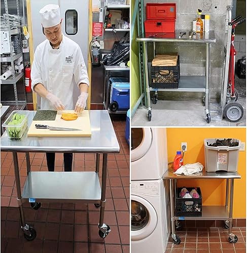 Miniatura 204 de AmGood Mesa de trabajo de acero inoxidable con 2 estantes y ruedas Mesa de trabajo de metal con ruedas