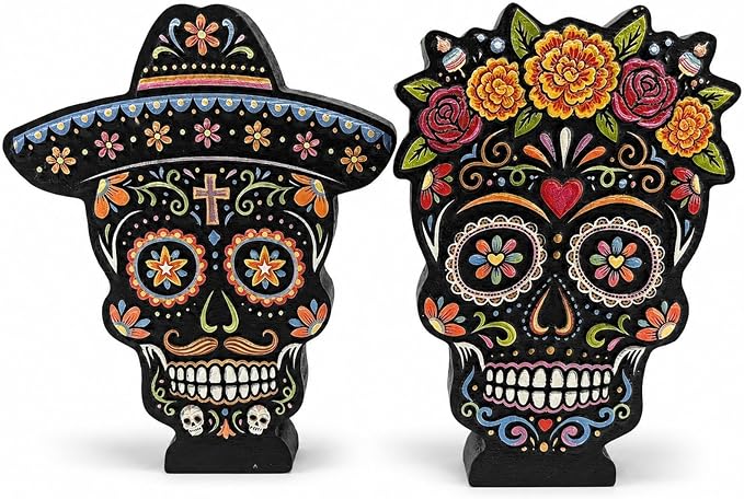 2 Pcs Sugar Skull Figurines, Day of The Dead Ofrenda Decorations