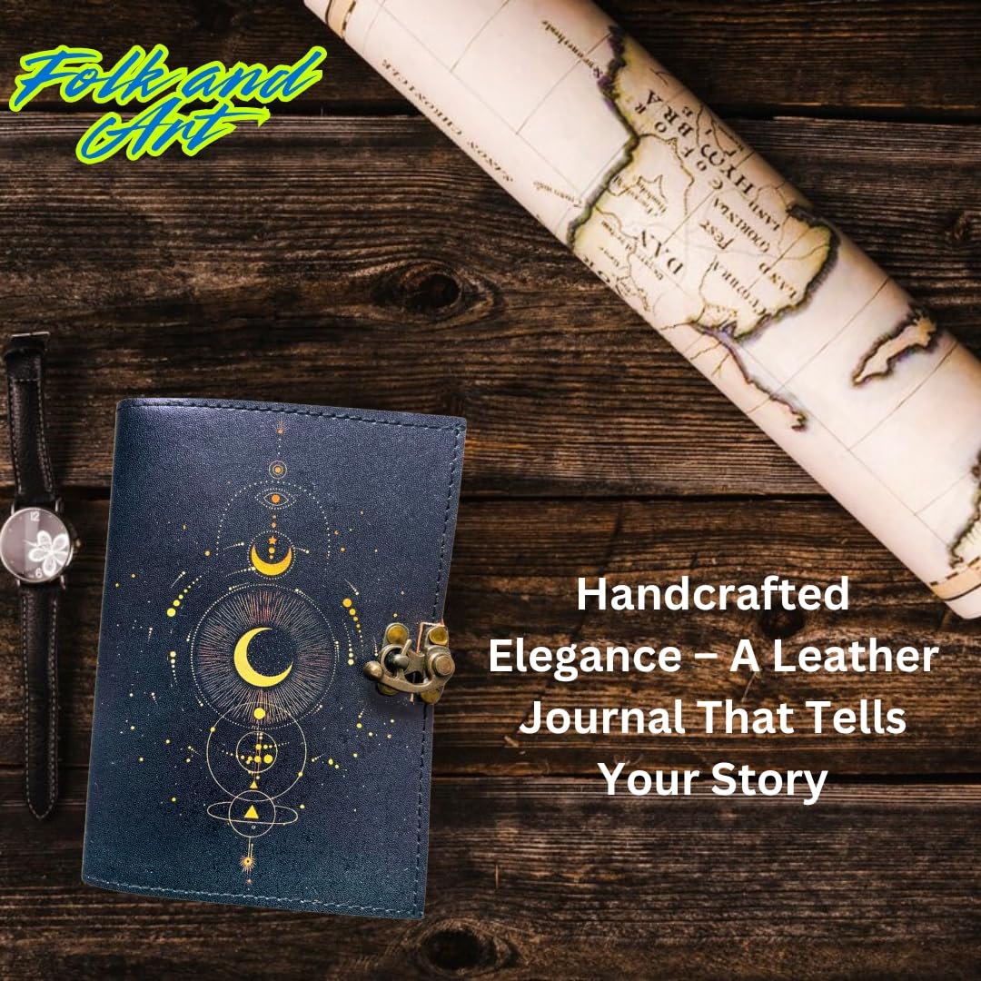 Galaxy Dreams Leder-Tagebuch – Exquisites handgefertigtes Vintage-Notizbuch mit antikem Büttenrand, geprägtes Design mit himmlischem Mond und Stern, luxuriöses ledergebundenes Tagebuch mit sicherem