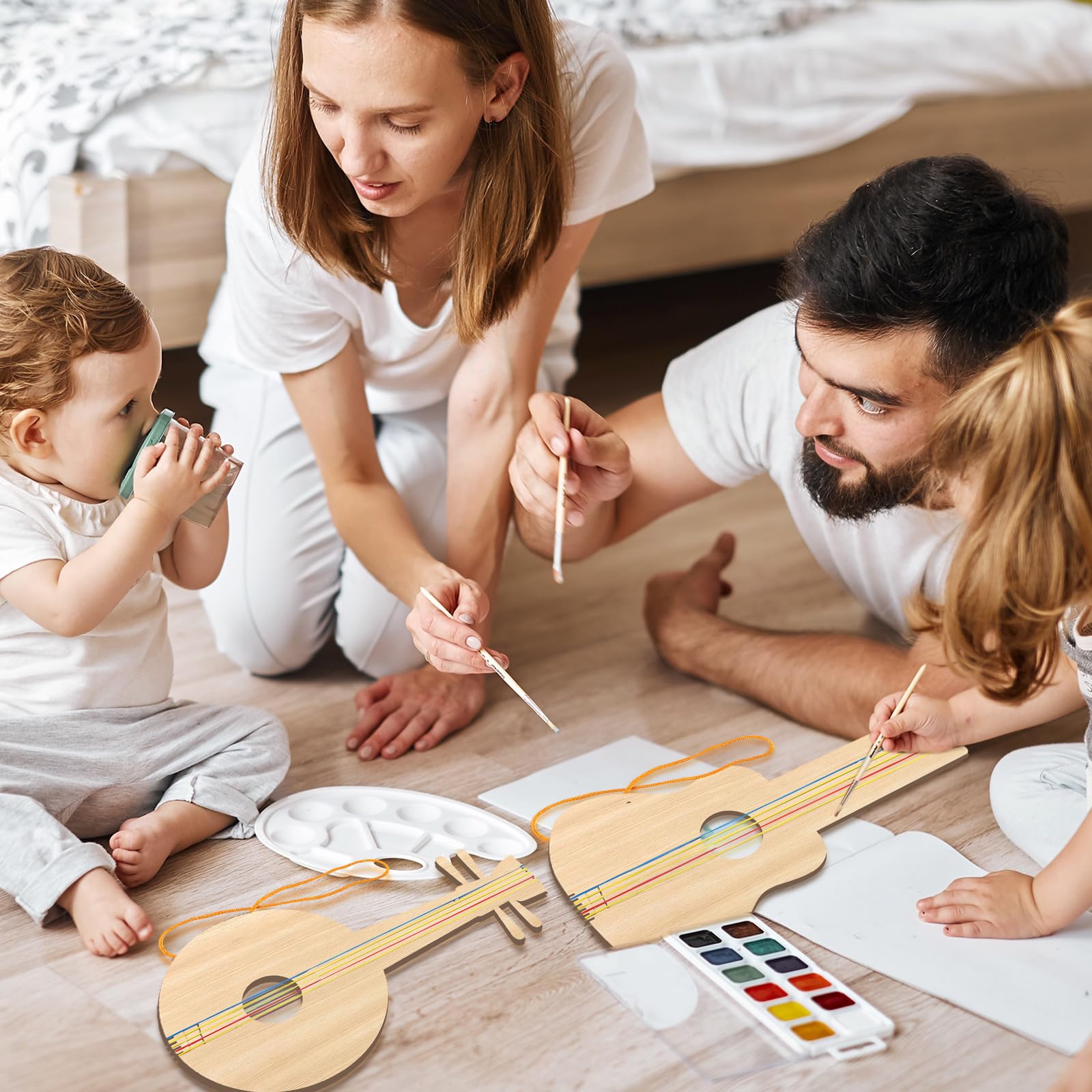 24 piezas de recortes de guitarra de madera para niños, recortes de guitarra de madera de 12 x 6.5 pulgadas para niños y niñas, instrumento musical de bambú para pintar, adecuado para clases de 6