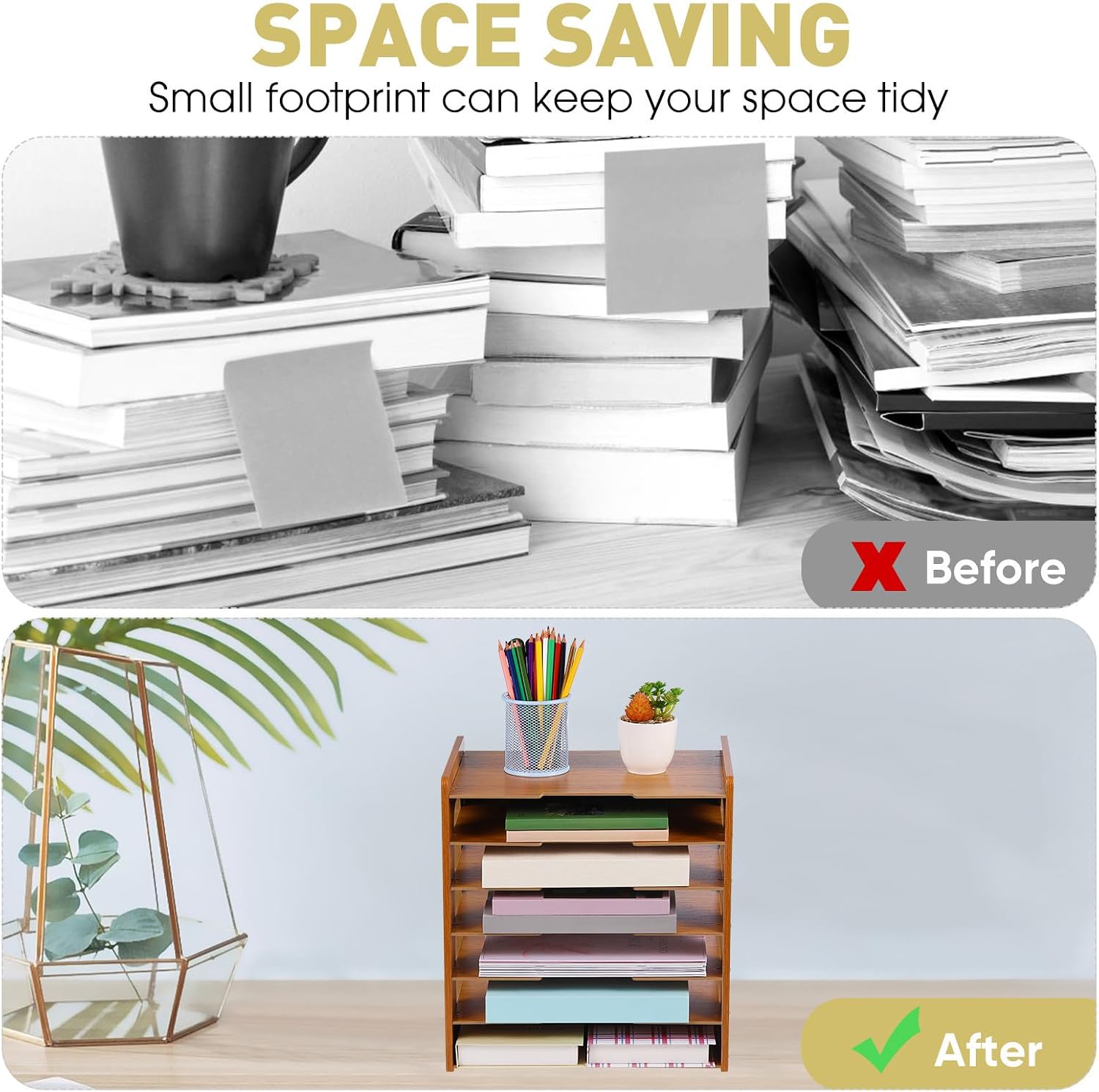Wooden Office Desktop Magazine Organizer with 7 Layers, Vertical Frame Structure, Easy to Organize Papers and Files, Multi-functional Brown Paper Tray Organizer for Home and Office