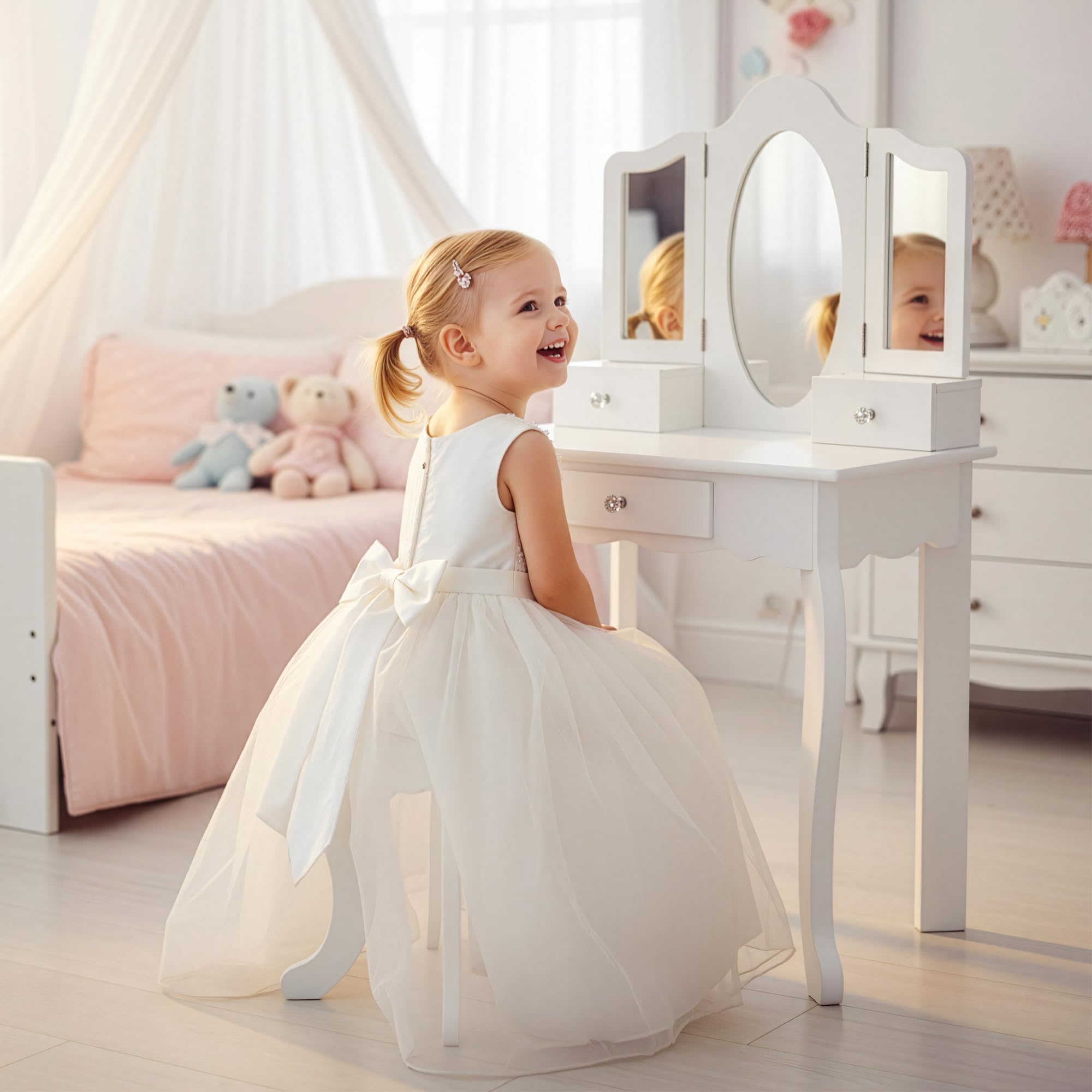 Green series Kinderplay Grande Coiffeuse en Bois pour Fille avec Miroir – Coiffeuse Blanche pour Enfants