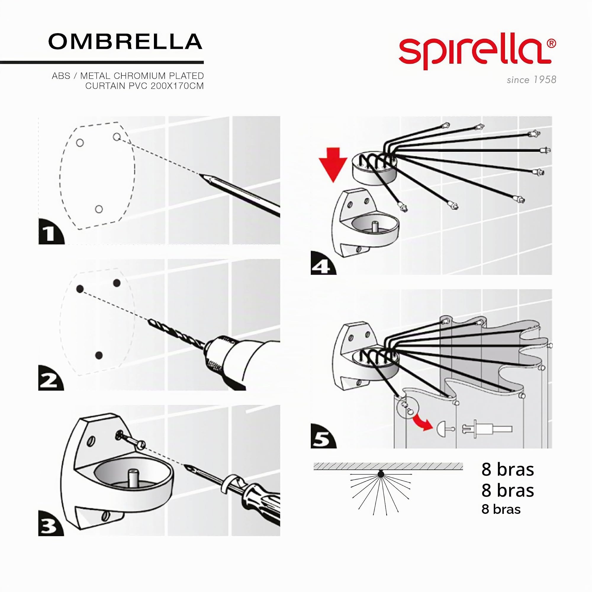 Spirella Set Douche Ombrella - Structure 8 Bras ABS Chrome + Rideau PEVA Imperméable Anti-Moisissure - pour Baignoire - Transparent - 200 x 170 cm