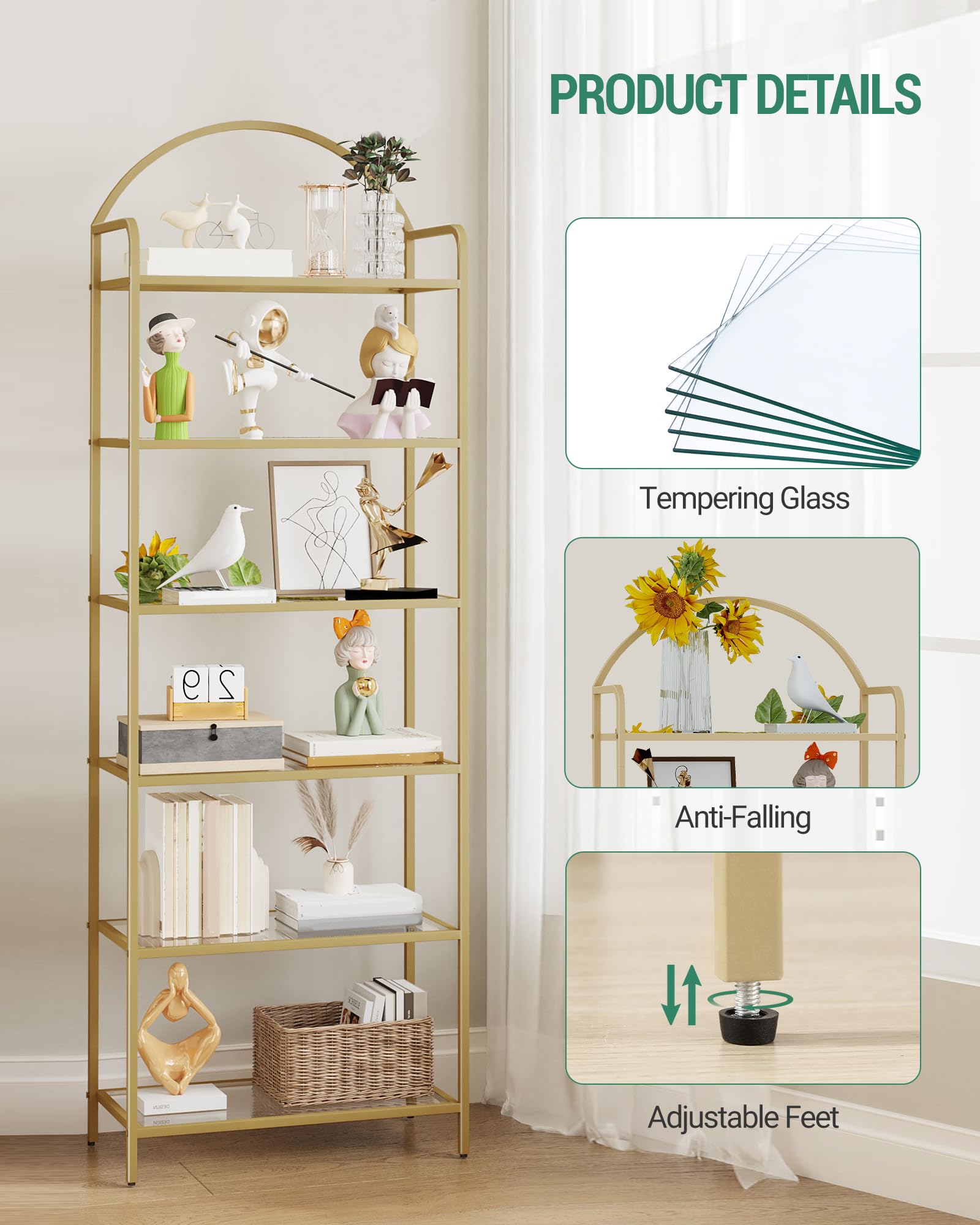Hzuaneri Regal, Bücherregal aus gehärtetem Glas, schlankes Regal für Schlafzimmer, Badezimmer, Heimbüro, Stahlrahmen, 6 Ablagen Gold BC21699G