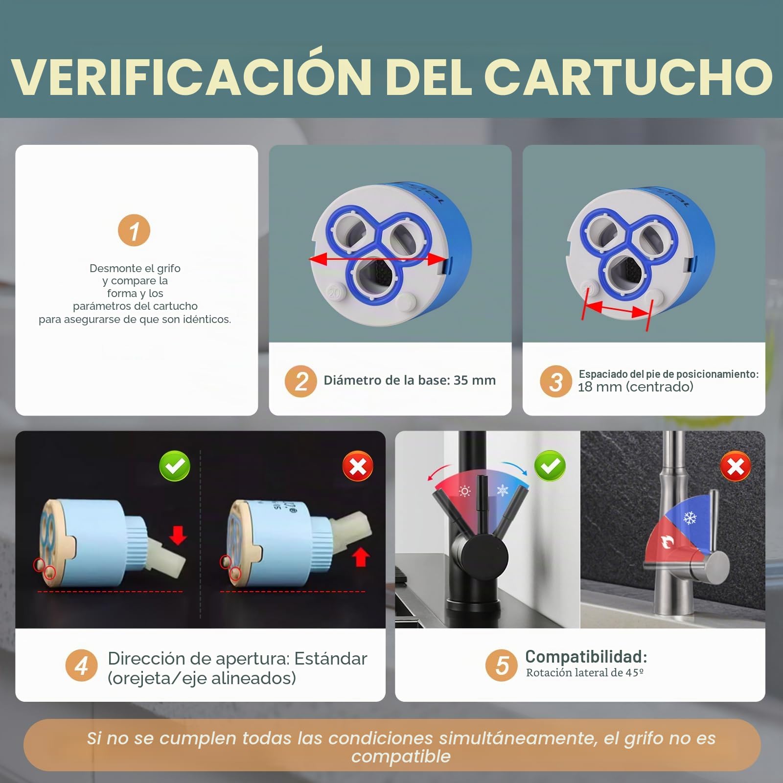 ARCORA 40mm Cartucho de Pie Plano, Cartucho de Cerámica, Cartucho Estándar de 40mm, Piezas de Grifos, Válvula de Grifo, para Grifo de Cocina y Baño, Azul, 1PC