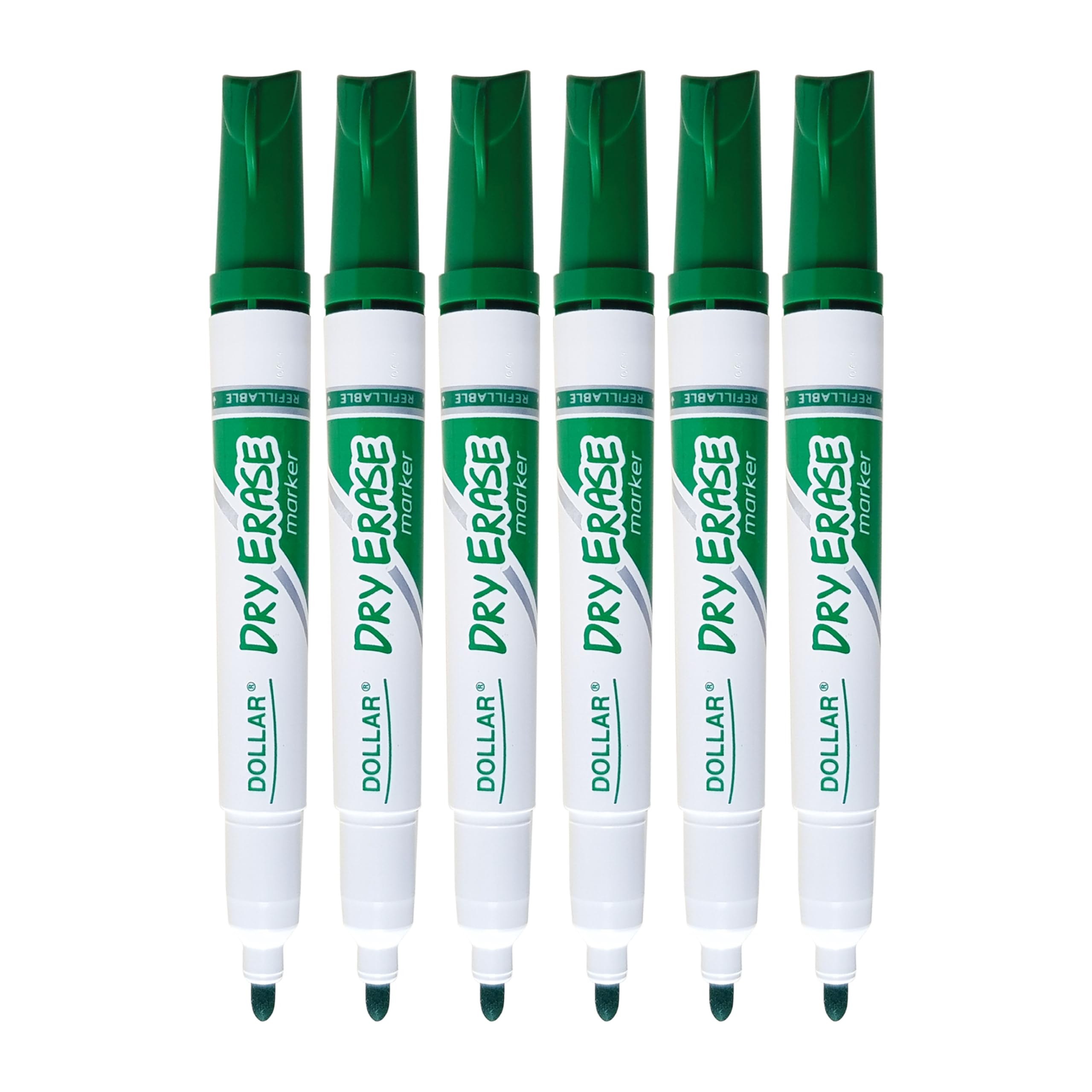 DOLLAR DE2 Dry Erase Whiteboard Marker Pens, GREEN, Bullet Tip (2.0mm), Pack of 6, Dry Wipe Broad Markers, School Office Business Hospital Everyday Use