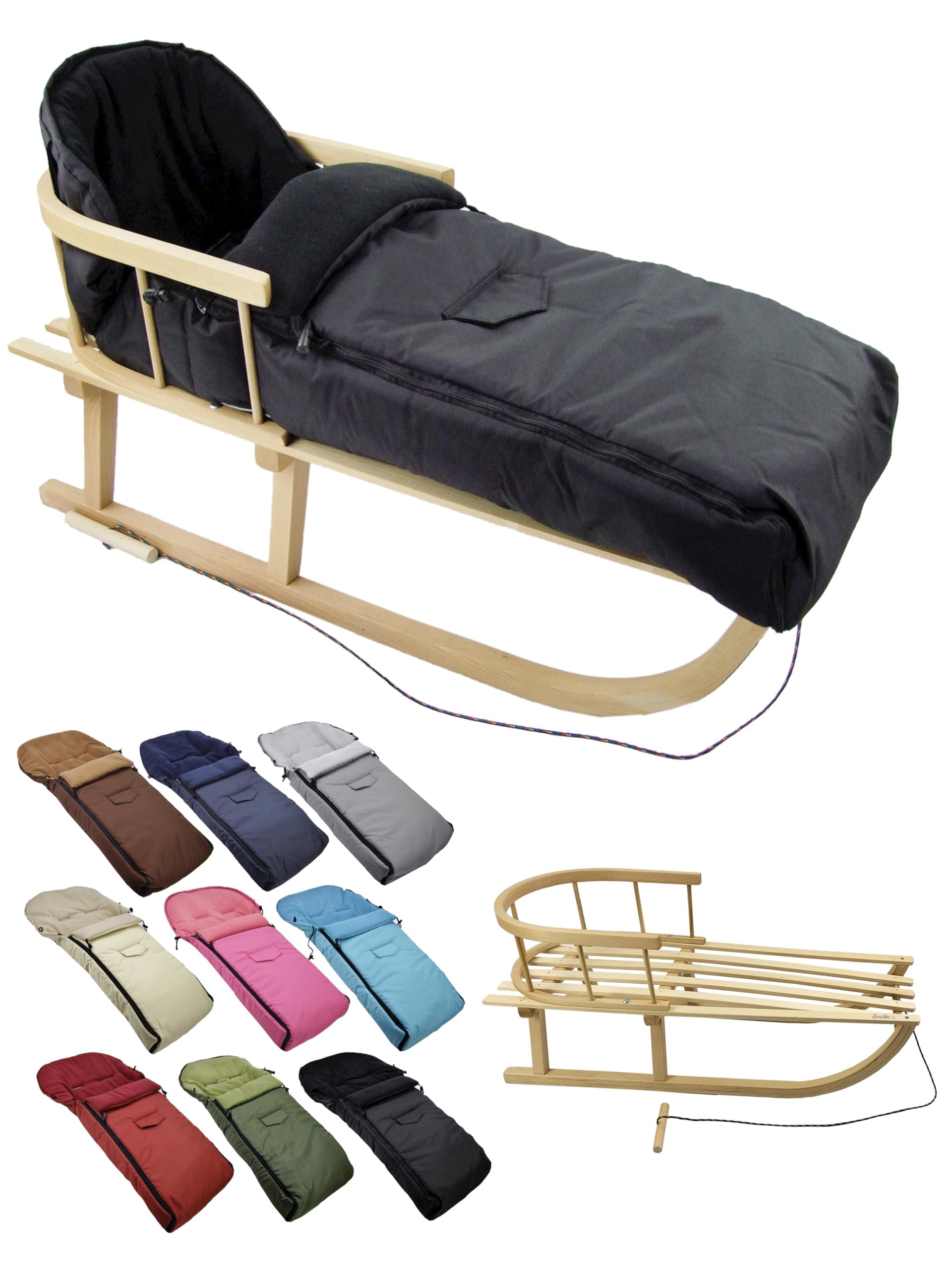BambiniWelt Holzschlitten mit Rückenlehne & Zugseil + Winterfußsack 108 cm – warmes Thermofleece, wasserabweisend – Kombi-Set für Kinderwagen & Buggy, Farbe: schwarz