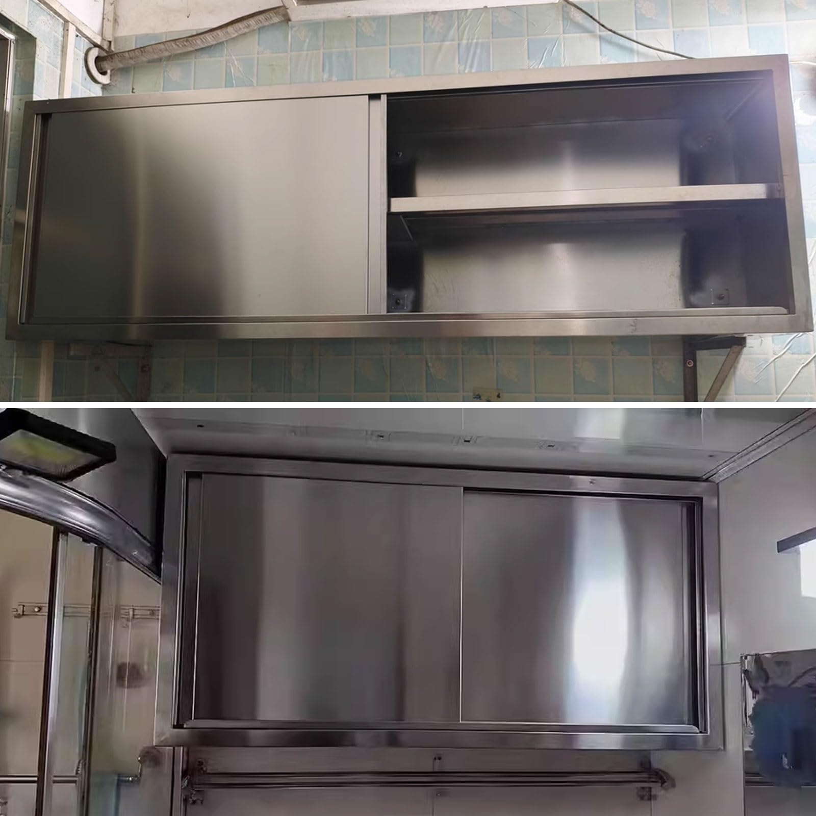 Armario de almacenamiento de pared, material de acero inoxidable, ruedas integradas, fácil de abrir/cerrar, capacidad de carga de 50 kg, 100/120 cm de longitud, con puertas y estantes
