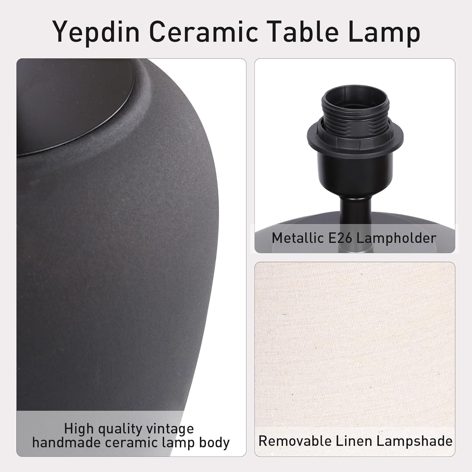 Ceramic Pot Table Lamp 18.5 inch Circular Frosted Nightstand Lamp, Tapered Fabric Shade Bedside, Ceramic Decorative for Living Room Bedroom House Office Entryway, TL1