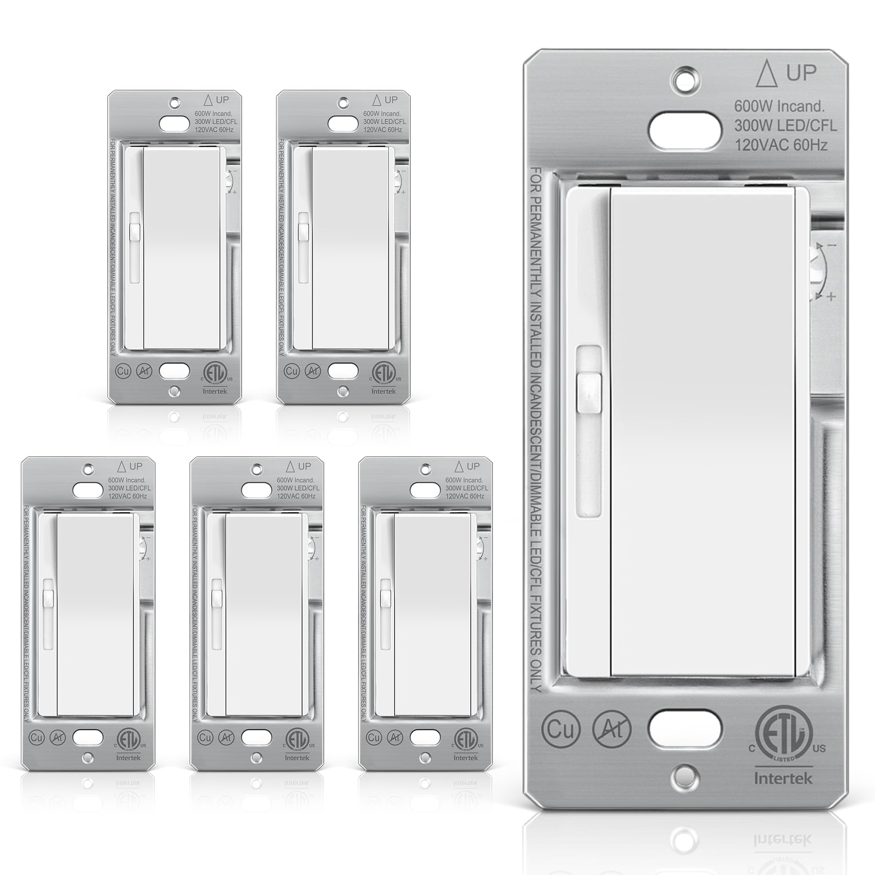 BESTTEN 6 Pack Super Slim Slide Dimmer Light Switch, Single Pole or 3 Way Dimmer Switches, Compatible with LED Dimmable Lamp, CFL, Incandescent,