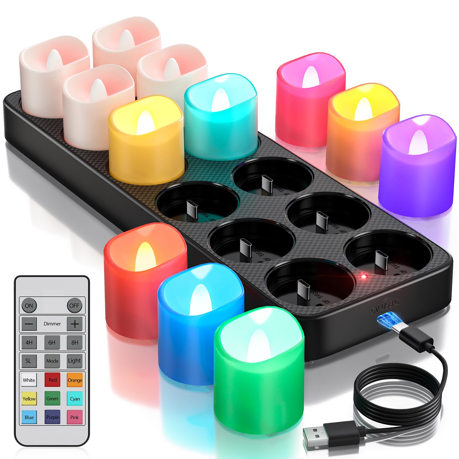 Yme Multicolor Rechargeable Coloured Tea Lights With Station, 12Pcs Battery Led Flickering Flameless Tealight Candles With Remote Timer For Room Halloween Pumpkin Christmas Decor – Rgb