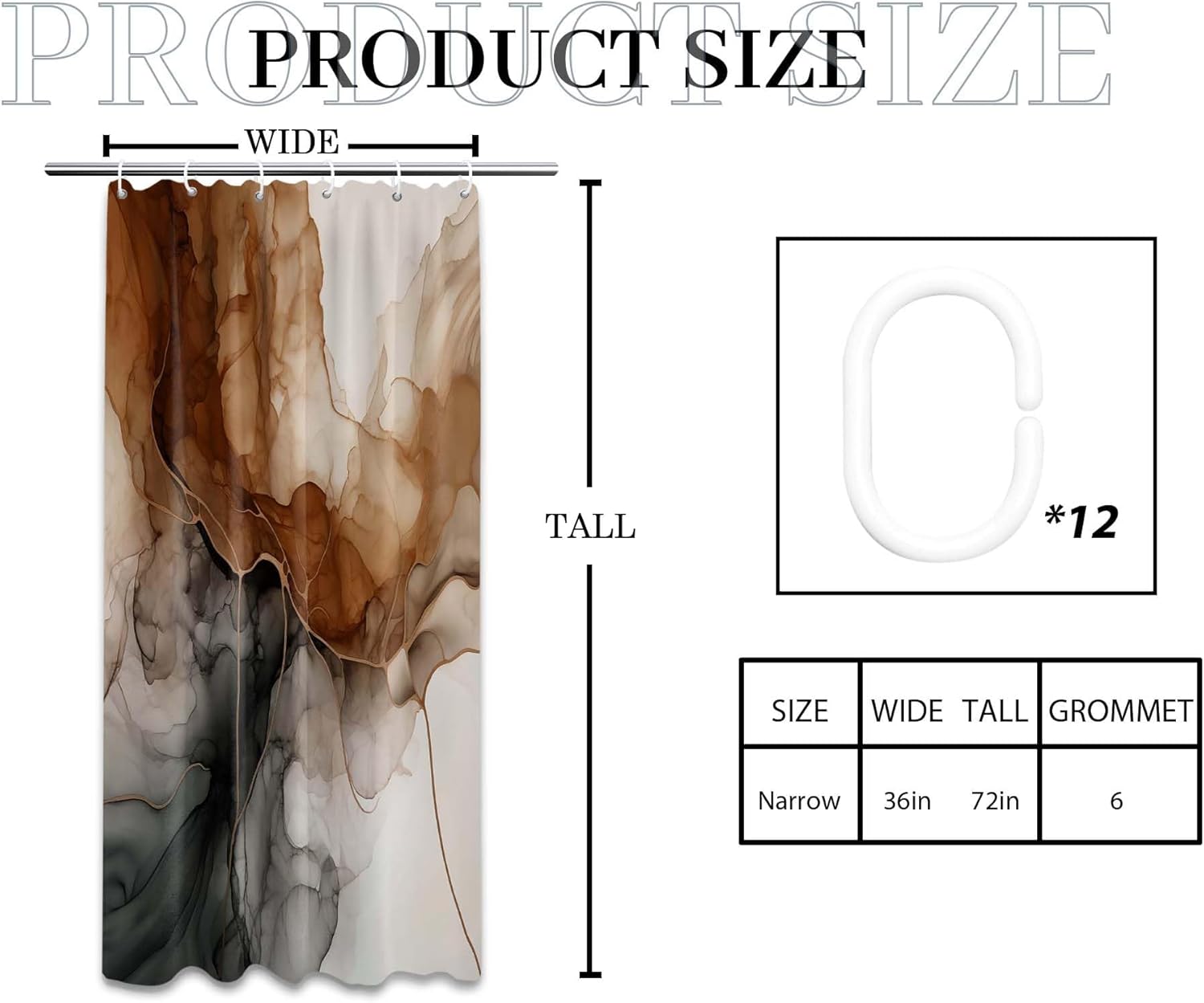 Brown Marble Shower Curtain Abstract Alcohol Ink Design Modern Crack Shower Curtains for Bathroom Decor, Waterproof Cloth Fabric with Plastic Hooks 36 x 72 in