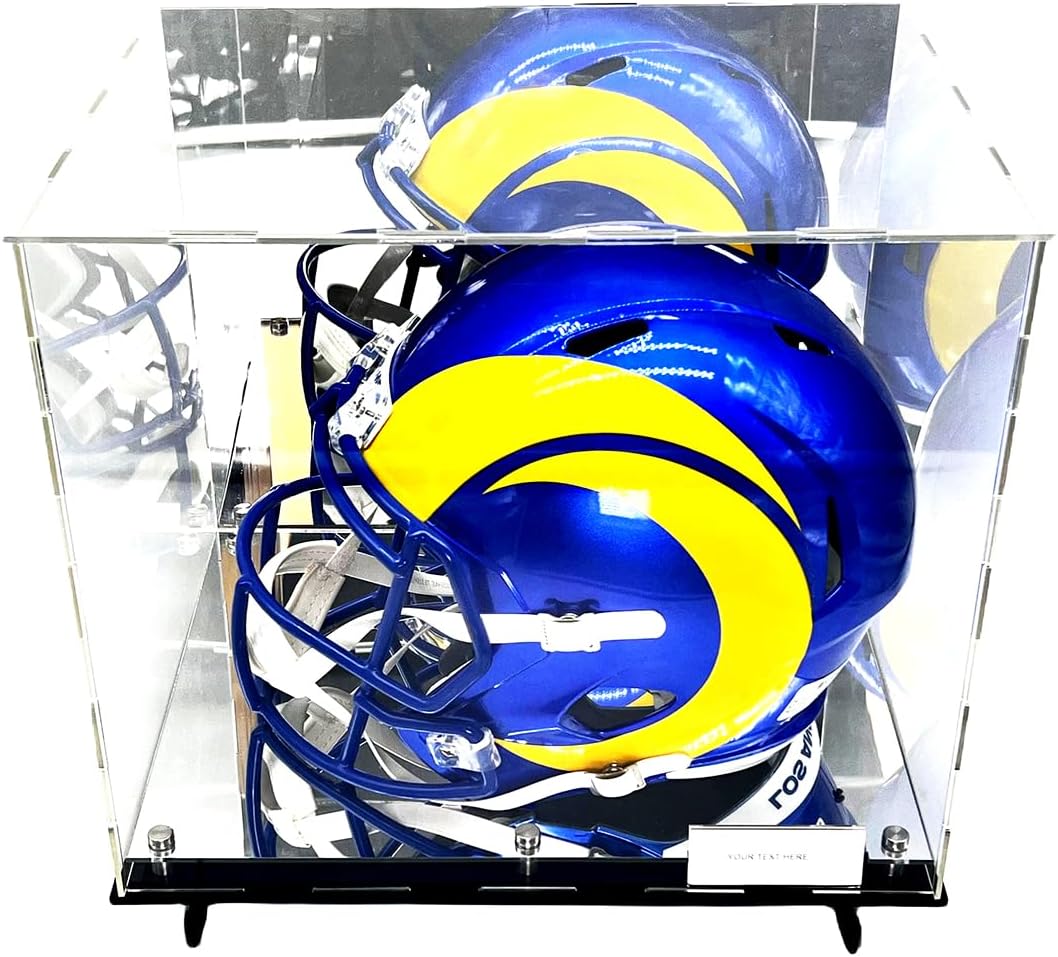 Football Helmet Display Case with Wall Mount -Box Mirror 2-Level Riser Showcase Shoes UV Protection (Display Case + Wall Mounts)