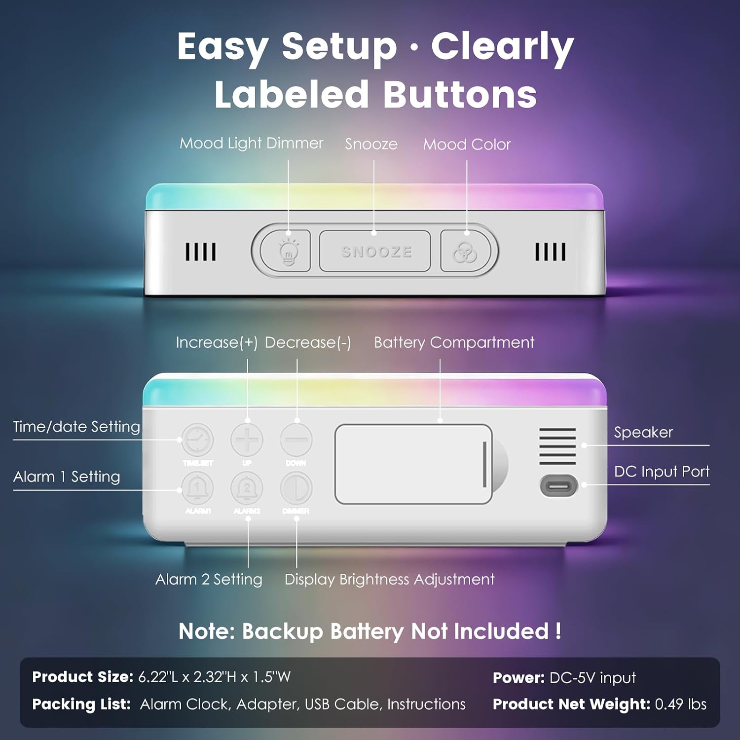 ALANAS Digital Alarm Clock for Bedrooms with Mood Night Light, Date/Week/Temperature Display, Dual Alarms, Snooze, Brightness Dimmer, 3 Volume Adjustable, Plug in Desk Table Clocks