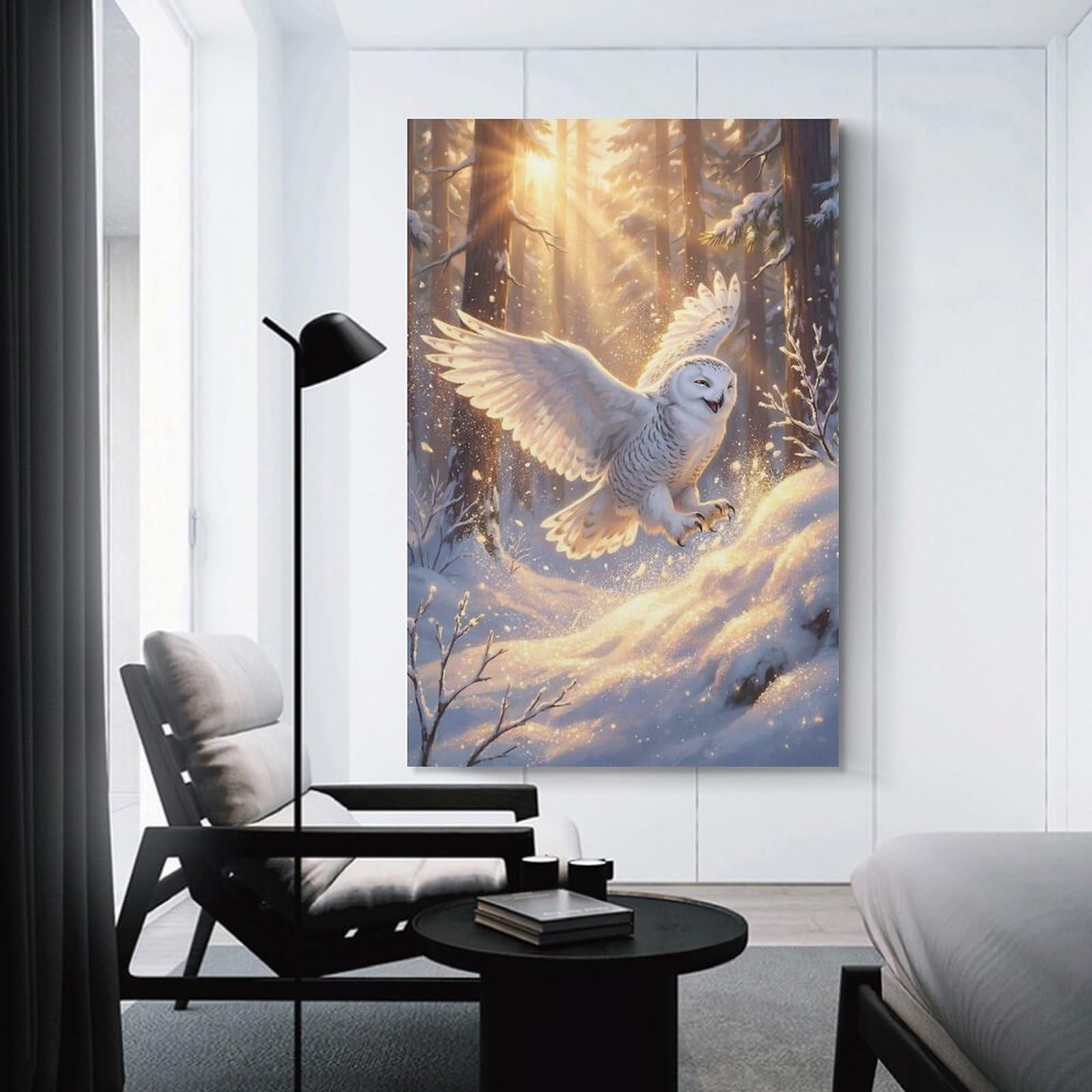 Junmoney Snowy Owl in Winter Forest Hanging Wall Art 12x18inch(30x45cm), for Gallery Wall Decor And Room Displays, A Versatile Canvas Print for Layering