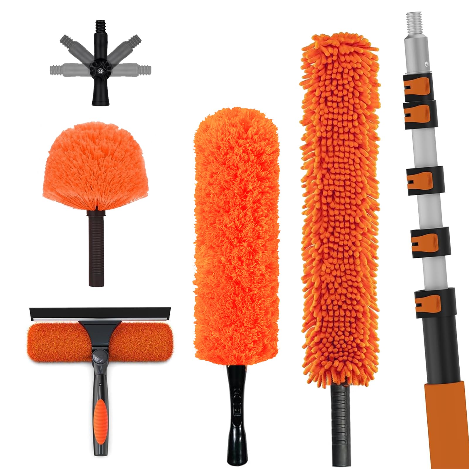 LAANPOLE 7.2m Feather Duster Kit with Telescopic Pole, Extendable Microfiber Duster for High Ceiling, Long Handled Duster Kit with Cobweb Brush & Telescopic Window Cleaner