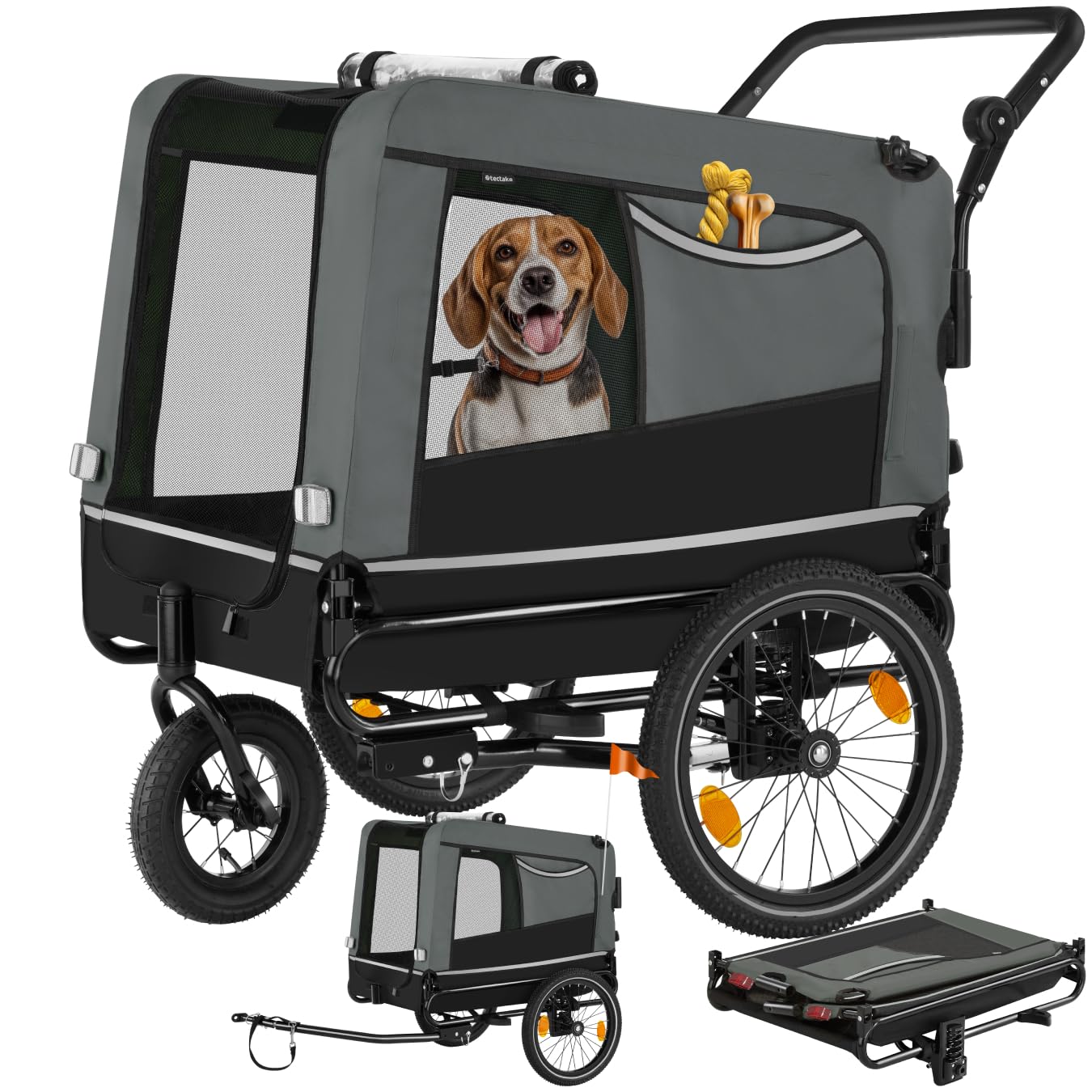 tectake® Remolque Bicicleta Perros Multifuncional, Carrito para Perros Plegable, Carro Perro con Manillar Extraíble, Remolque Bici 240L, Reflectores, Bandera, Arnés Seguridad, Carga Máx 40 kg
