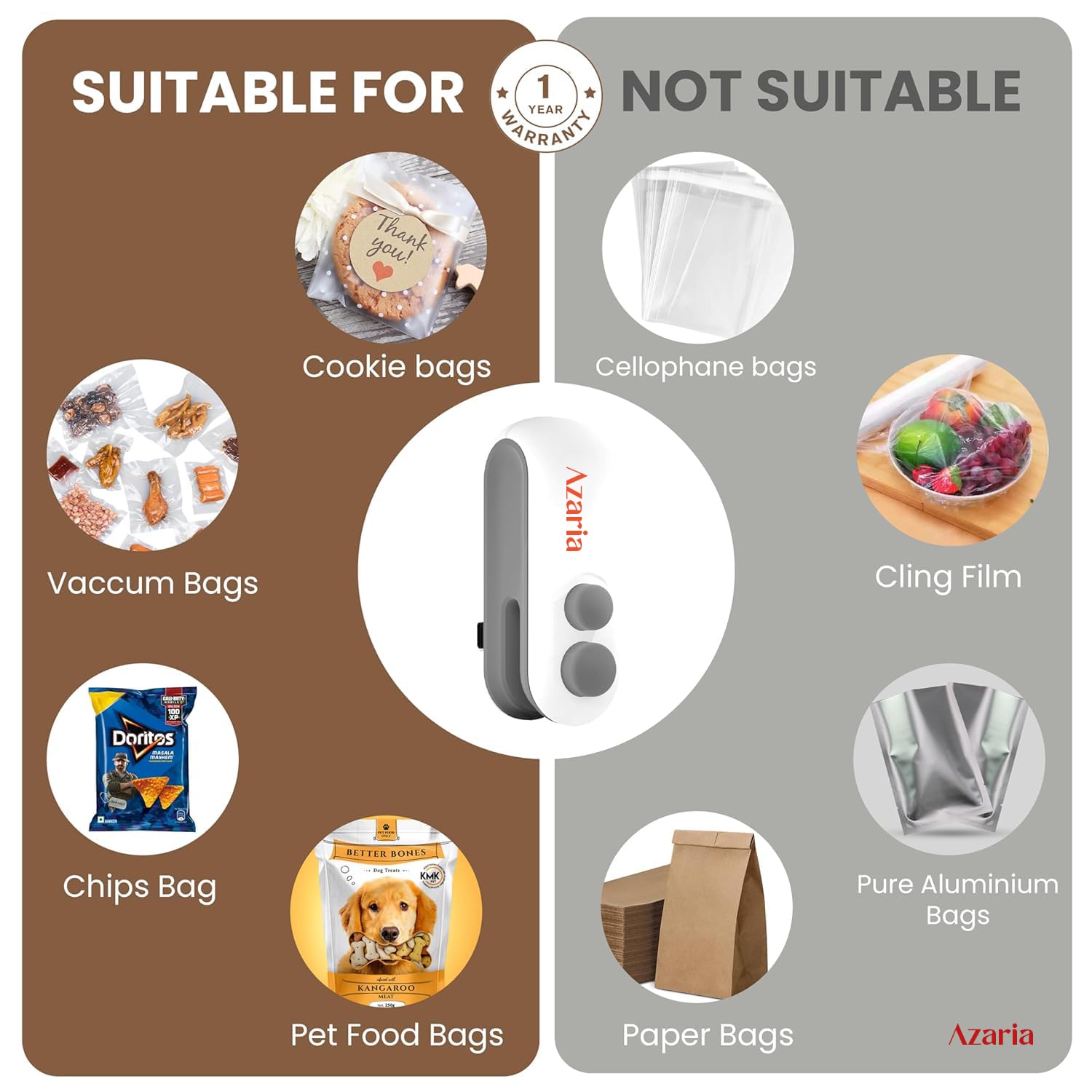 Azaria Portable Mini Sealing Machine, Handheld Packet Sealer, portable sealing machine, packet sealer for Food, Snacks, Chips, Fresh Storage, Plastic Bags Sealing Machine, 1 YEAR Warranty