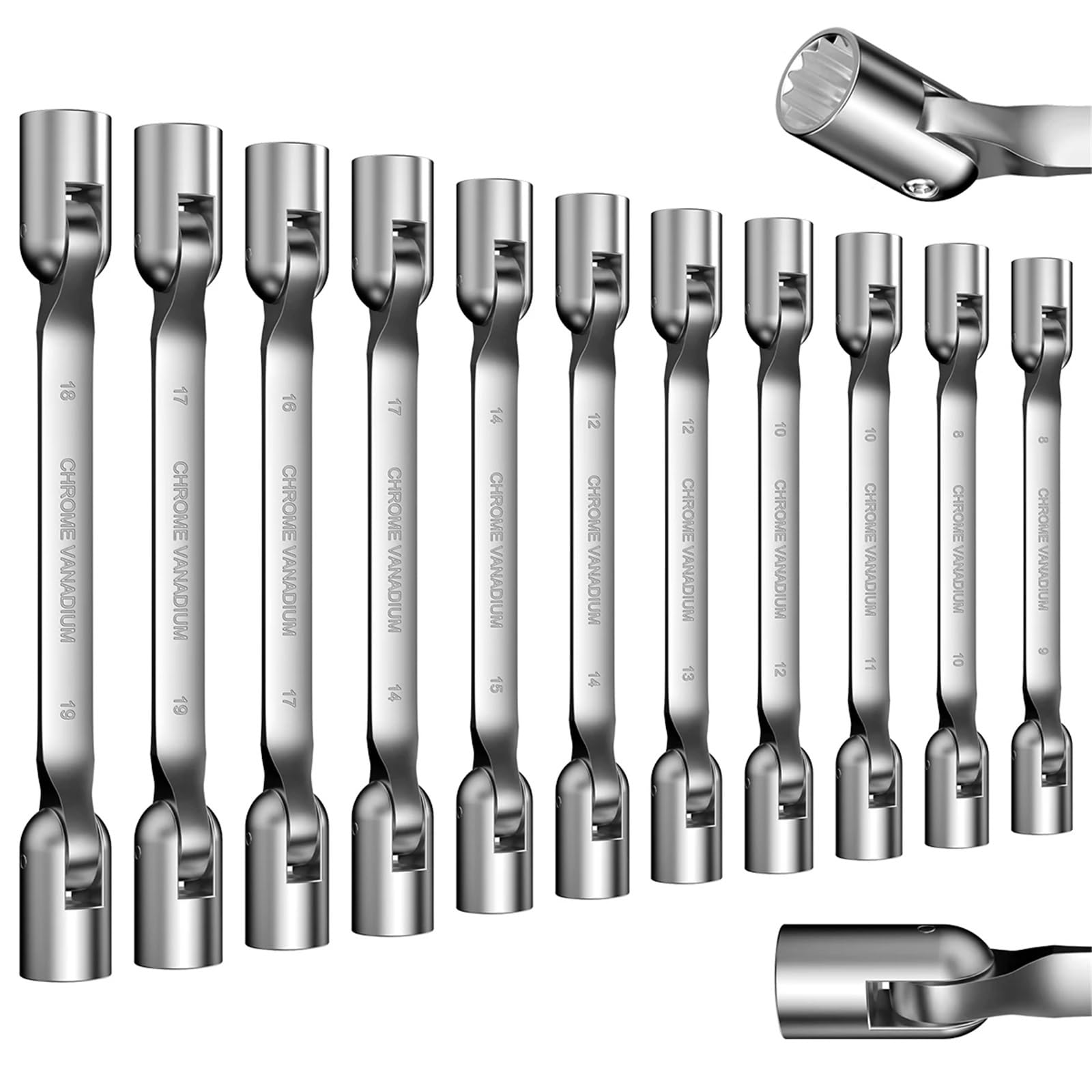 Juego de llaves vaso giratorias doble extremo, herramientas actividad, flexibles con cabezal giratorio métrico, herramienta acero Juego de llaves de tubo(11pcs)