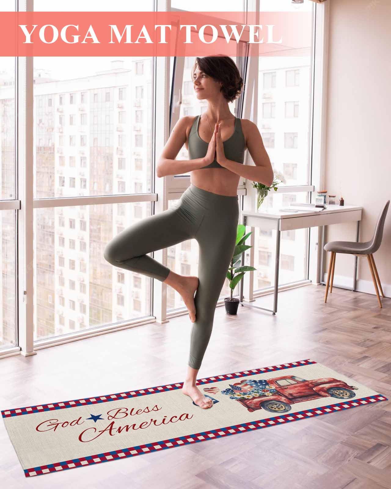 BOSIJOY Yoga Mat Towel,Farm Red Truck Flower Heart Non Slip Sweat Absorbent Hot Yoga Towels with Corner Pockets,Bless Text Flag Plaid on Flax Soft Microfiber Towel for Pilates Bikram 70