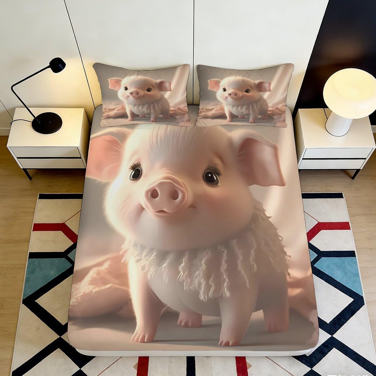 3D Printed Cute Pig Fitted Sheet Microfiber Deep Pocket Non-Slip Bedroom Bedding Pig Mattress Fitted Cover for Adults Teens 180x200x25cm