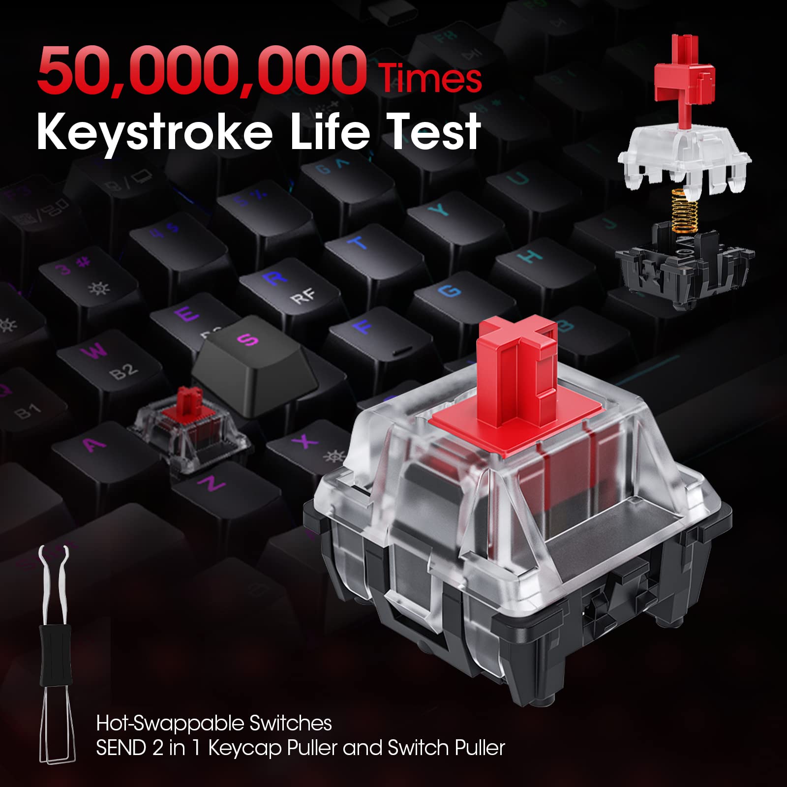 KOORUI Gaming-Tastaturen, 26 RGB-Hintergrundbeleuchtung, mechanische Tastatur, kabellos/kabelgebunden, kompatibel, Bluetooth, 82 Tasten, wiederaufladbarer 4000-mAh-Akku, UK-Layout mit rotem Schalter