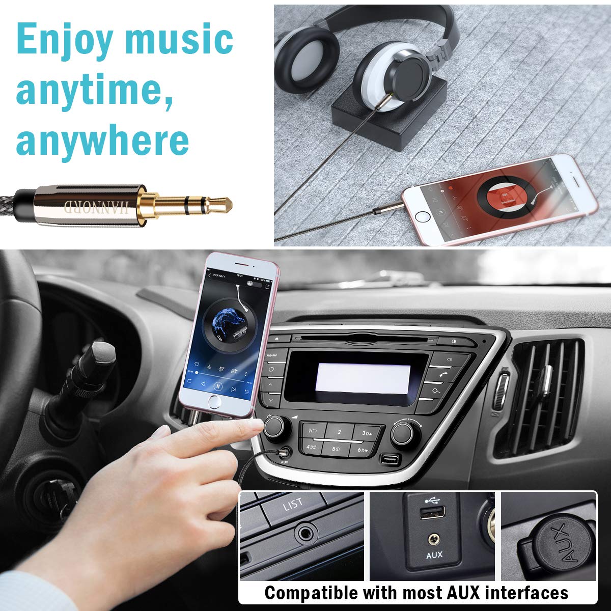 AUX-Kabel, Hannord 3,5-mm-Nylon-geflochtenes Stereo-AUX-Kabel Hi-Fi-Sound mit Stecker-Stecker AUX-Kabel AUX-Zusatzkabel für Auto, Kopfhörer, Lautsprecher, Stereoanlage, iPhone, Echo (2 m)