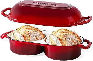 Cast Iron Bread Pan with Lid, Mini Enamel Sourdough Baking Dutch Oven Pot, Double Round Loaf Space for Homemade, Bread, Cake, Meatloaf, 16.5cm Diameter, 500°F Oven Safe, Non Stick, Red