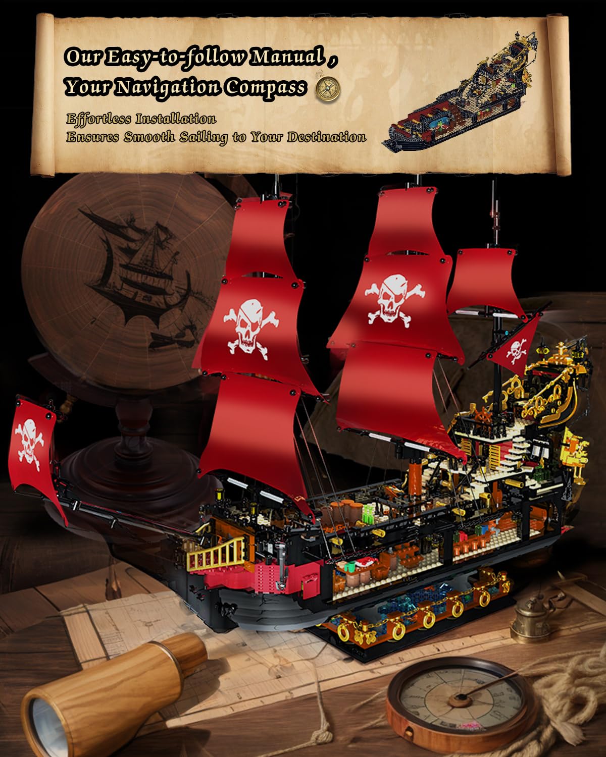Adult Pirate Ship Building Kit, Queen Anne's Revenge Pirate Ship Mini Building Block Sets for Adults, Construction Toys Gift for Teens & Men, Not Compatible with Lego Pirate Ship, 3399 PCS
