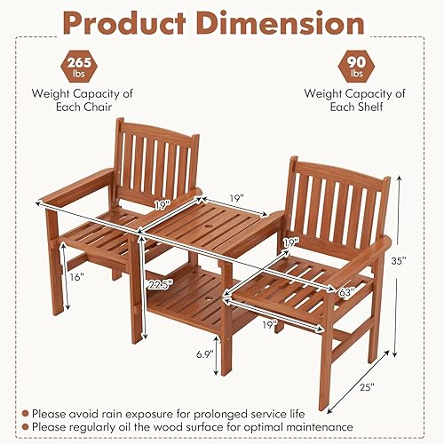Miniatura 2 de RELAX4LIFE Sofá de dos plazas para exteriores con mesa integrada, sillas de patio de madera con mesa central y agujero para paraguas, banco de