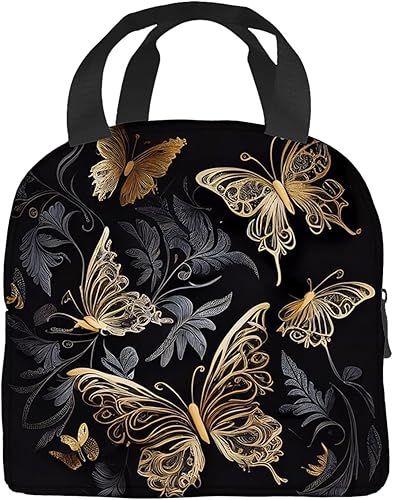 Miniatura 2 de OOZ Rportable - Lonchera para mujeres y hombres, aislada, reutilizable, para oficina, trabajo, picnic, playa, mariposas doradas sobre fondo negro,