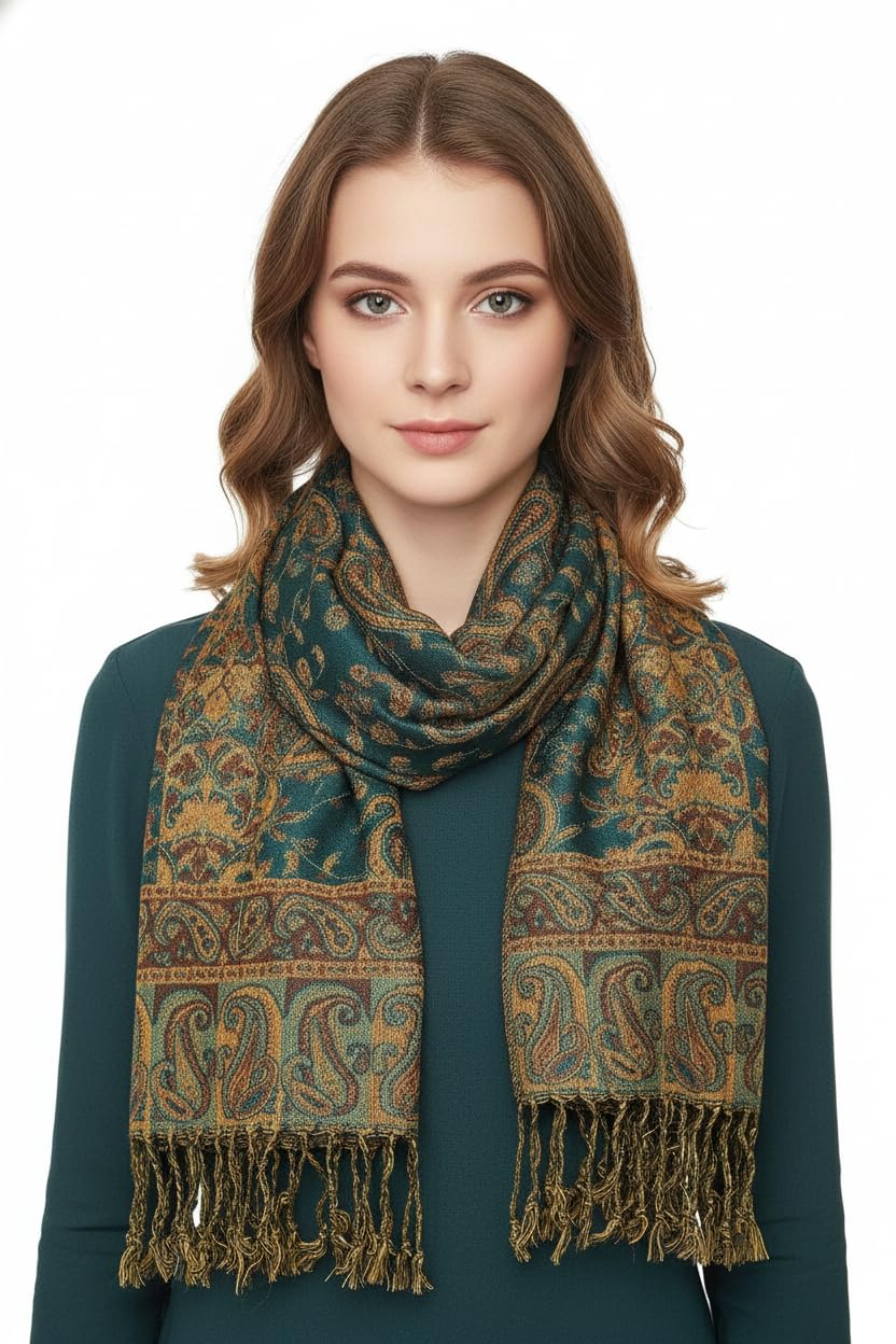 Soft Silky Faux Pashmina Shawl for Women, Reversible Paisley Pashmina Shawl Wrap Scarf with Fringes, Oversized Printed Scarf Cashmere Silky Shawl Wraps Evening Dress Blanket Front Cardigan Soft Wrap