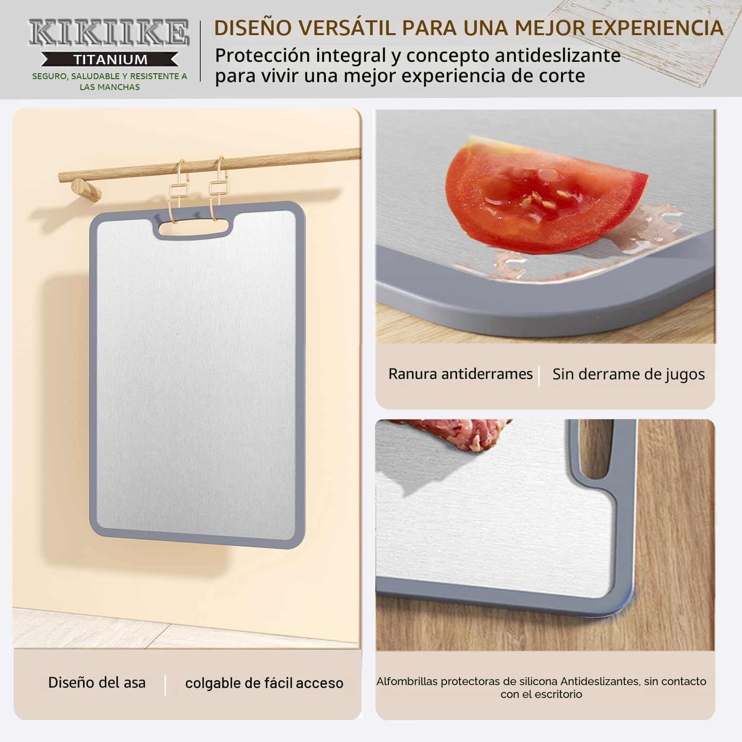Tabla de cortar de titanio con bordes de silicona antideslizante de doble cara para cocina, antiadherente, duradera y fácil de limpiar (3 piezas S/M, grado alimenticio)