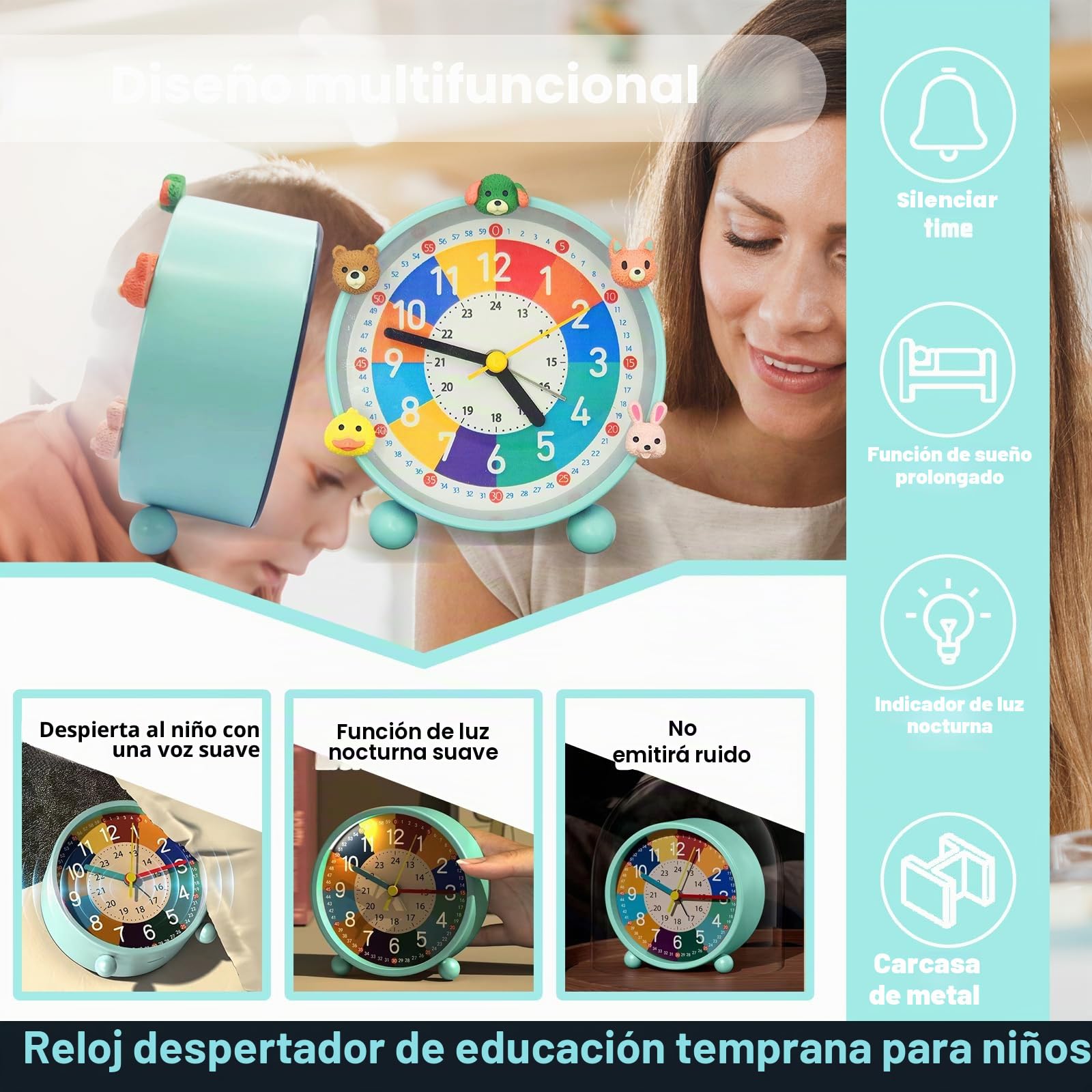 Despertador Infantil para Principiantes En La Escuela, Sin Sonido Tic-TAC, Con Función De Luz Nocturna Y Repetición, 5 Adornos Verde