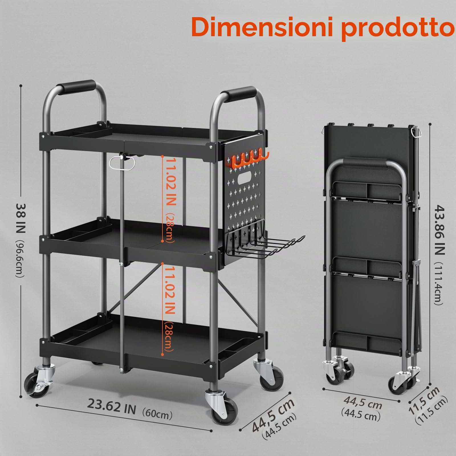 KINGRACK Carrello di Servizio Pieghevole a 3 Ripiani con Ruote e Maniglia Ergonomica, Carrello Portautensili Multiuso, Carrello Porta Attrezzi, Carrello Portaoggetti Casa Ufficio Garage Officina, Nero