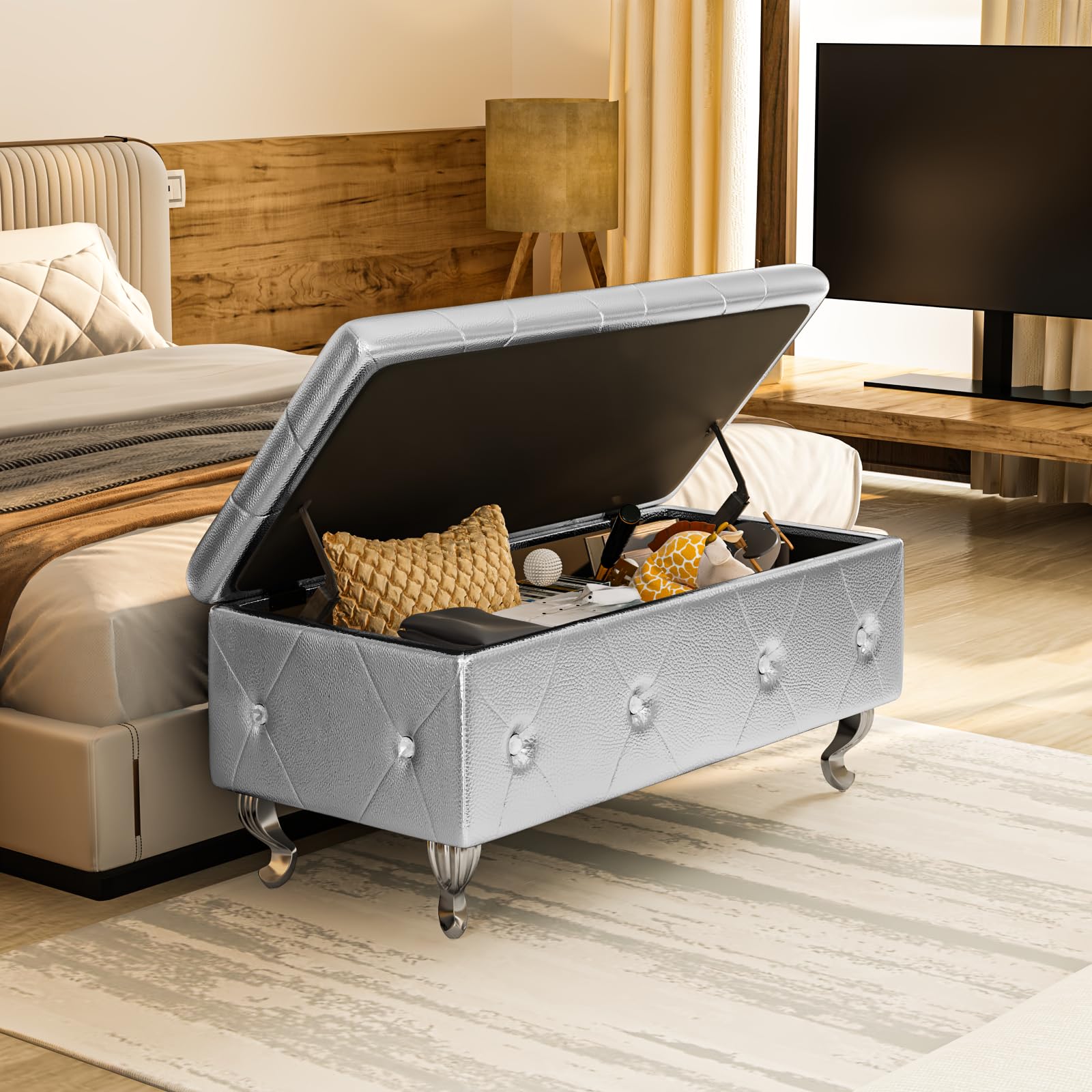 PUレザーの快適な布張りフットスツール金属製の脚付き寝室