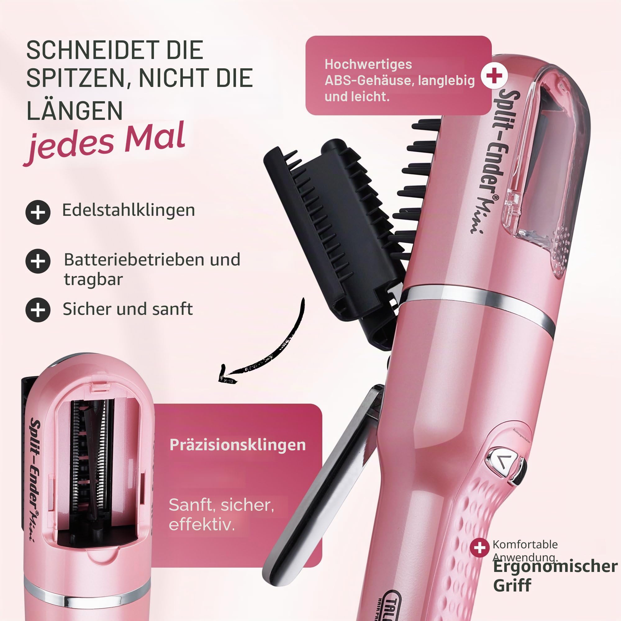 Split Ender Mini - Haarschneider für gespaltene Spitzen | Für trockenes, strapaziertes, brüchiges, glattes, lockiges und krauses Haar | Haarpflege- und Schönheitsstyling-Werkzeuge - Hellrosa