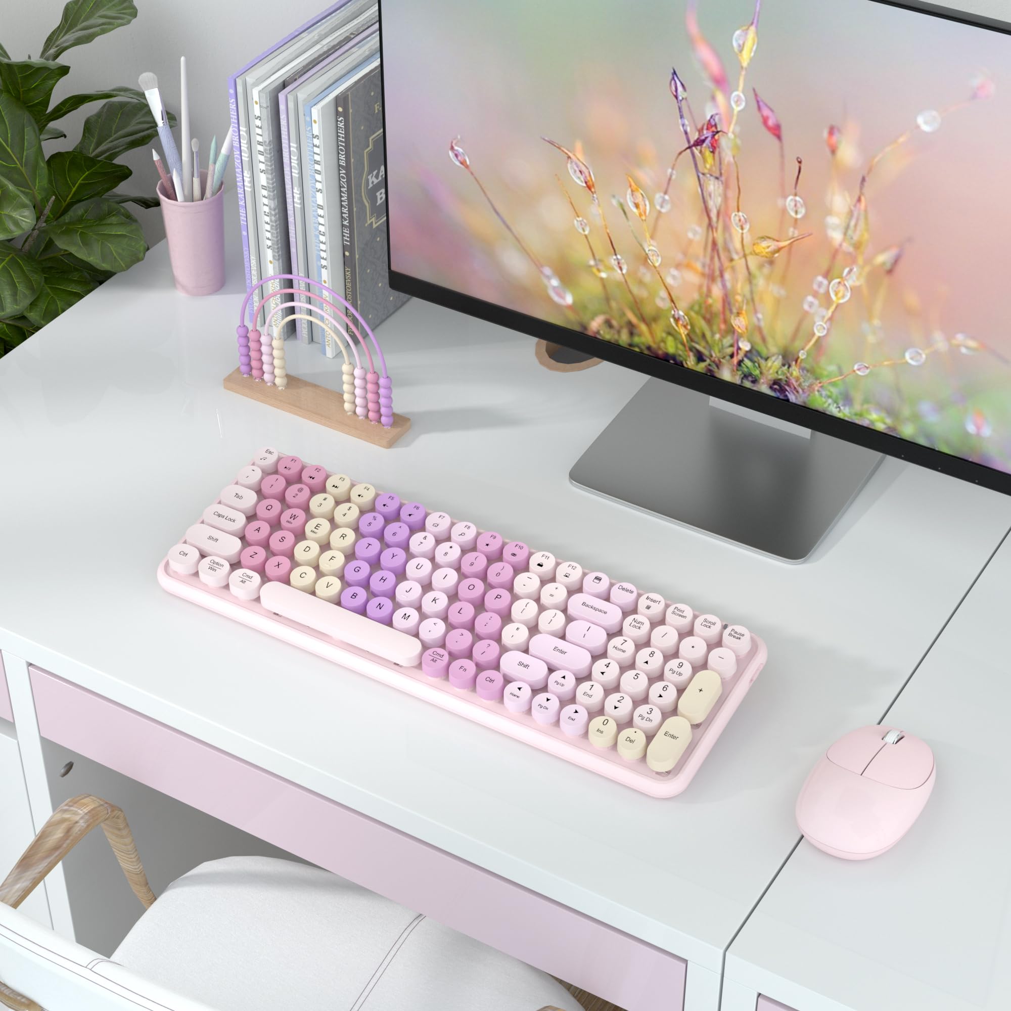 Links9+ Bezprzewodowa klawiatura z myszką kombinowaną, retro różowa klawiatura z okrągłymi nasadkami i myszą optyczną, 2,4 GHz Plug and Play połączenie do Windows, Mac, laptopa, komputera