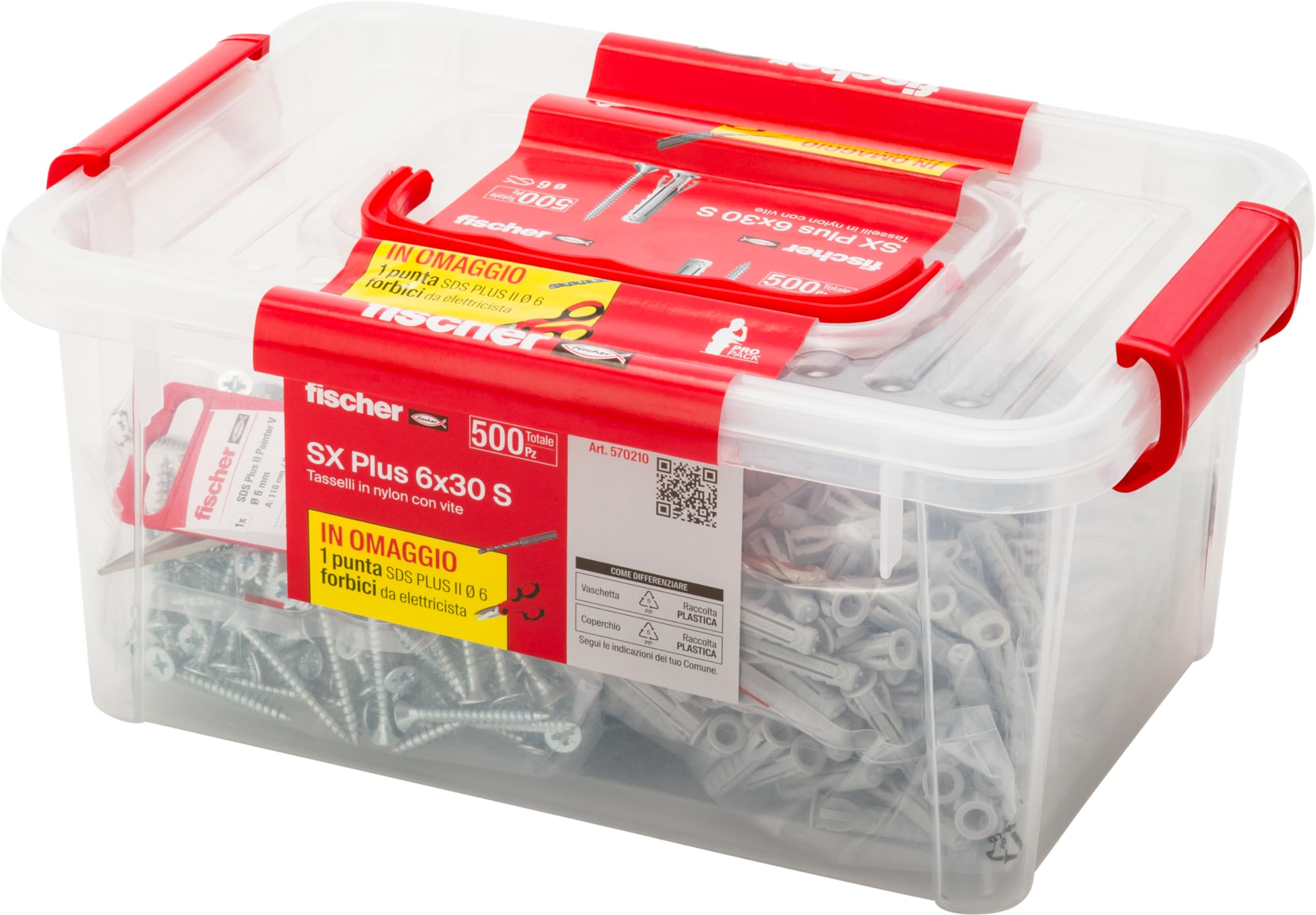 Fischer Vaschetta 500 Tasselli SX Plus 6mm con Vite + Forbici Ergonomiche + Punta Trapano SDS Plus, 570210