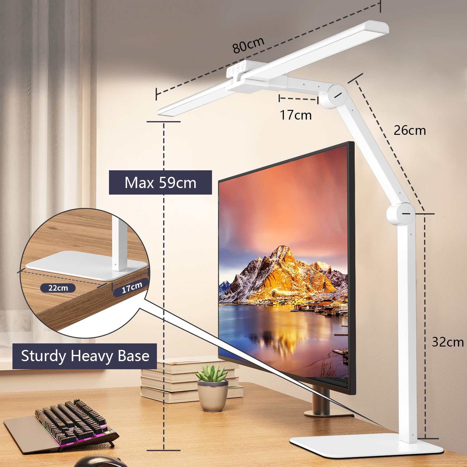 KableRika Lámpara Escritorio LED, 24W 80cm Flexo Escritorio de Doble Cabezal con Base, Luz de Arquitecto Regulable, luz monitor con Temporizador, 1200 lúmenes para Leer, Estudiar y Oficina en el Hogar