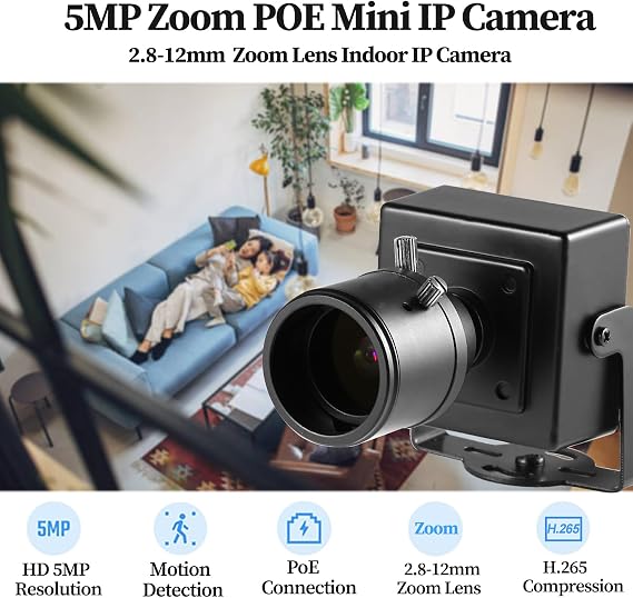 5MP Mini PoE IP Camera,Ultra HD 2880x1620P 2.8-12mm Zoom, Compact Network Home Indoor Security Camera, P2P Remote View RTSP Web Control (I712-P-TS-X)